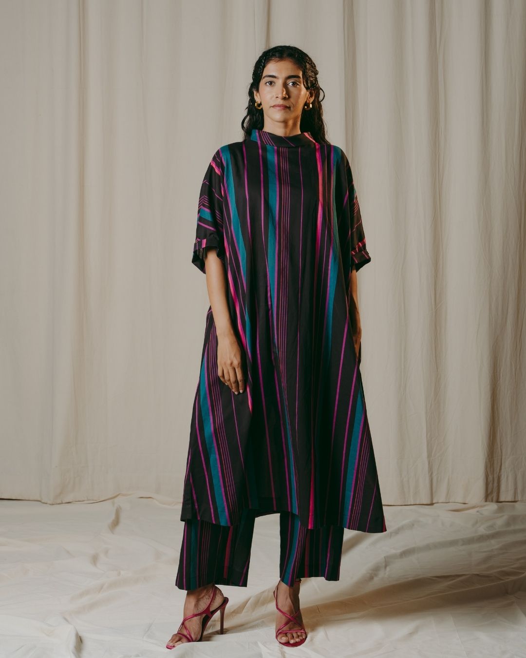 Romina Black Striped Cotton Tunic Co-ord Set