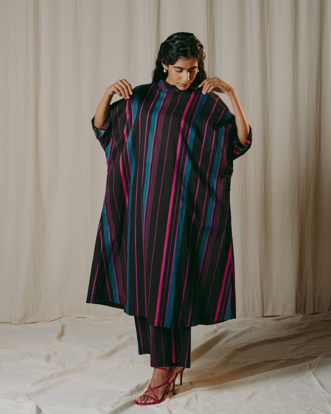 Romina Black Striped Cotton Tunic Co-ord Set