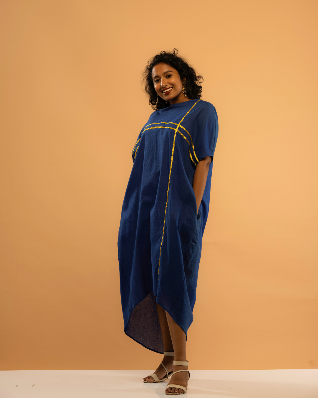 Celestial Blue Flowy Dress with Golden Stripe