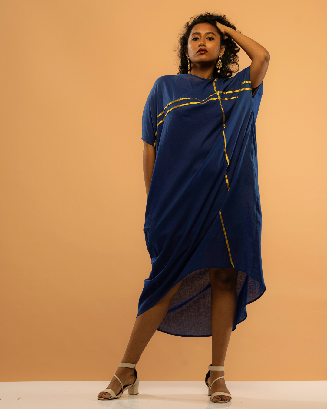 Celestial Blue Flowy Dress with Golden Stripe