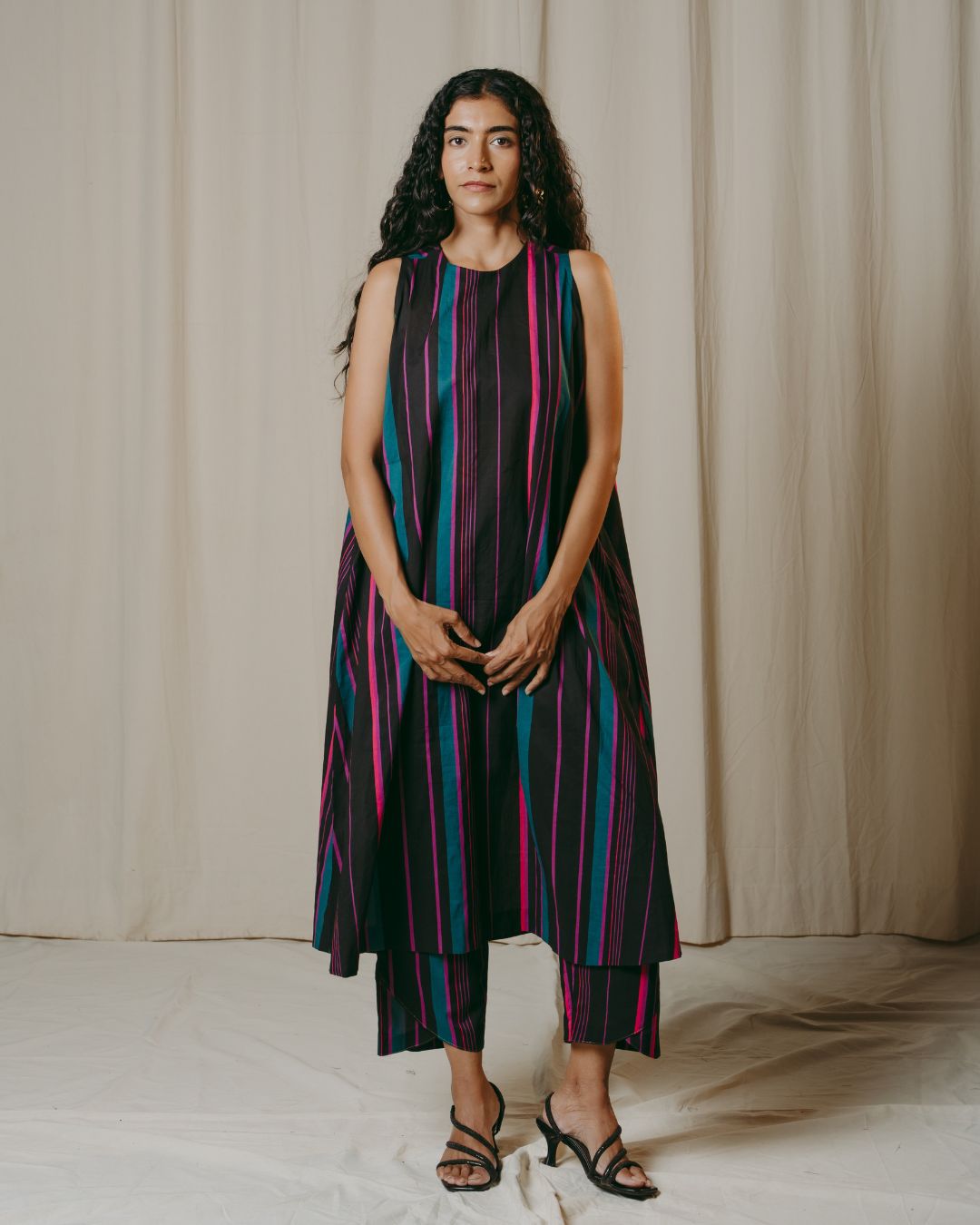 Lisette Black Striped Cotton A-Line Dress
