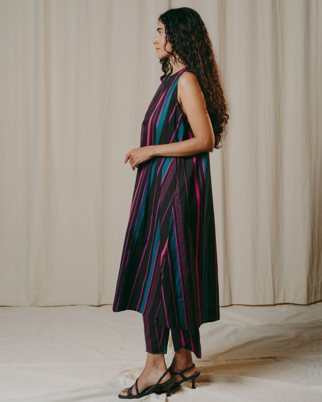 Lisette Black Striped Cotton A-Line Dress