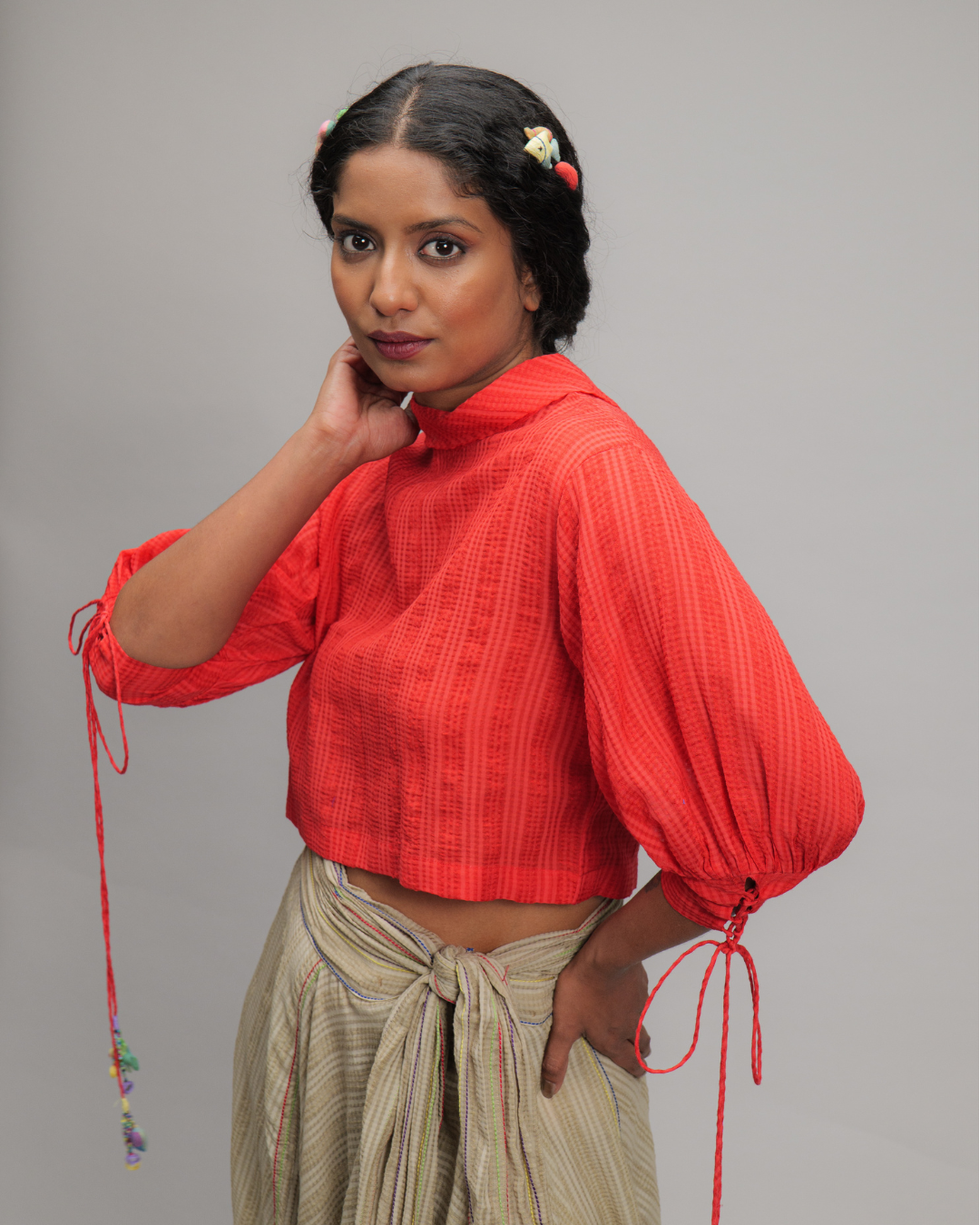 Astolfo Coral Roll Collar Crop Top (Coral)