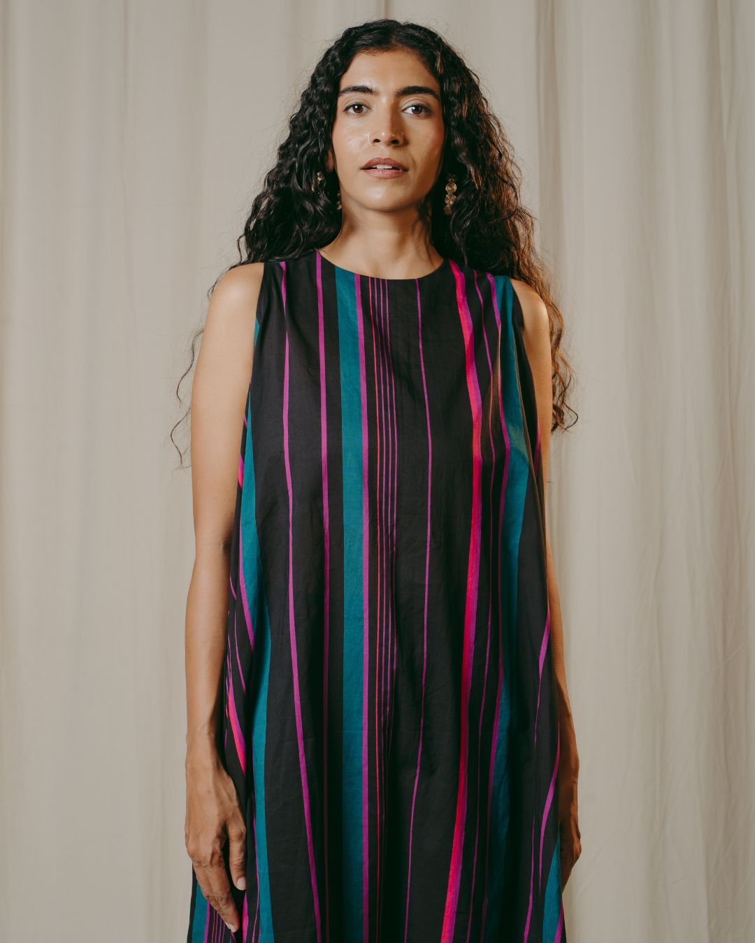 Lisette Black Striped Cotton A-Line Dress