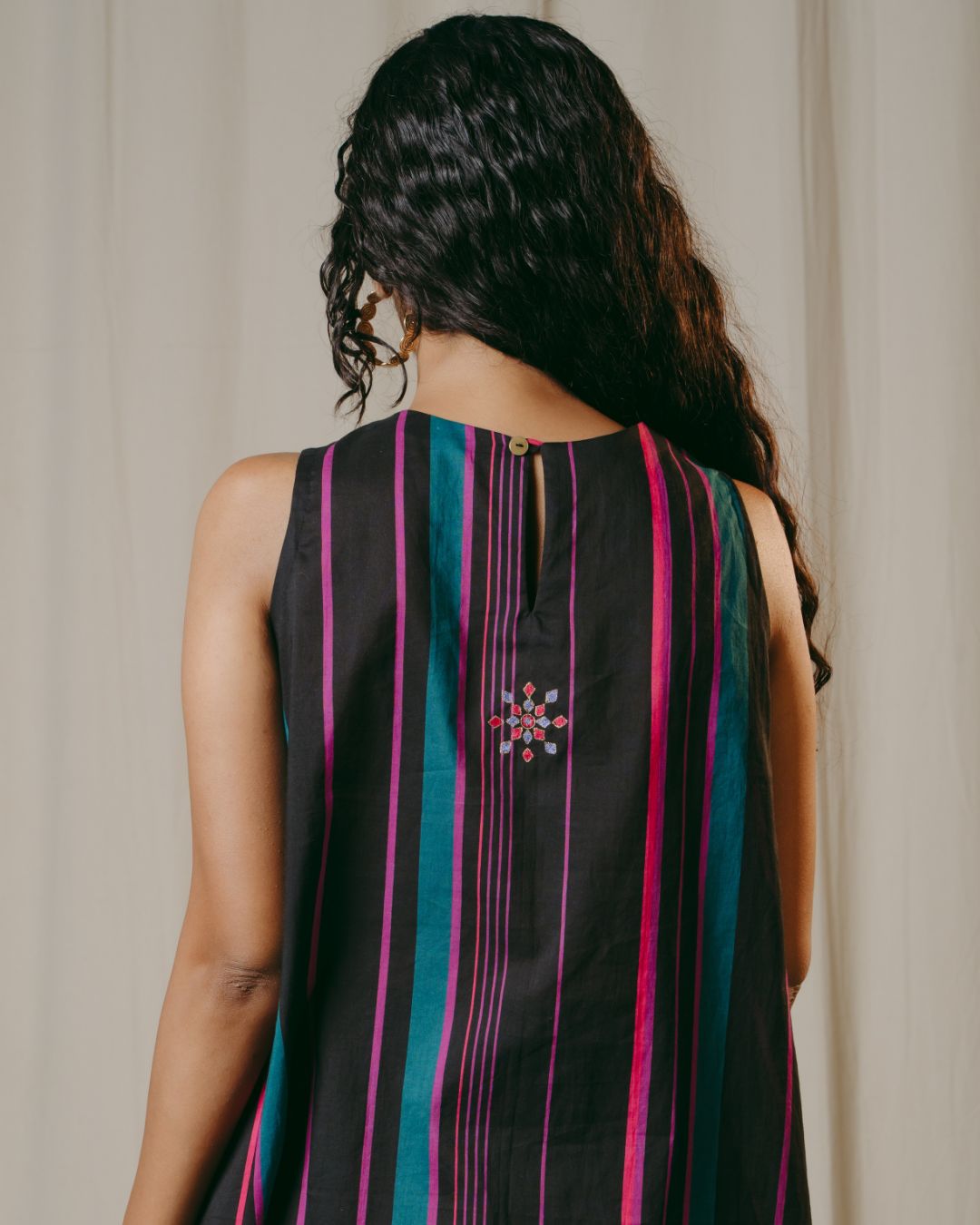 Lisette Black Striped Cotton A-Line Dress