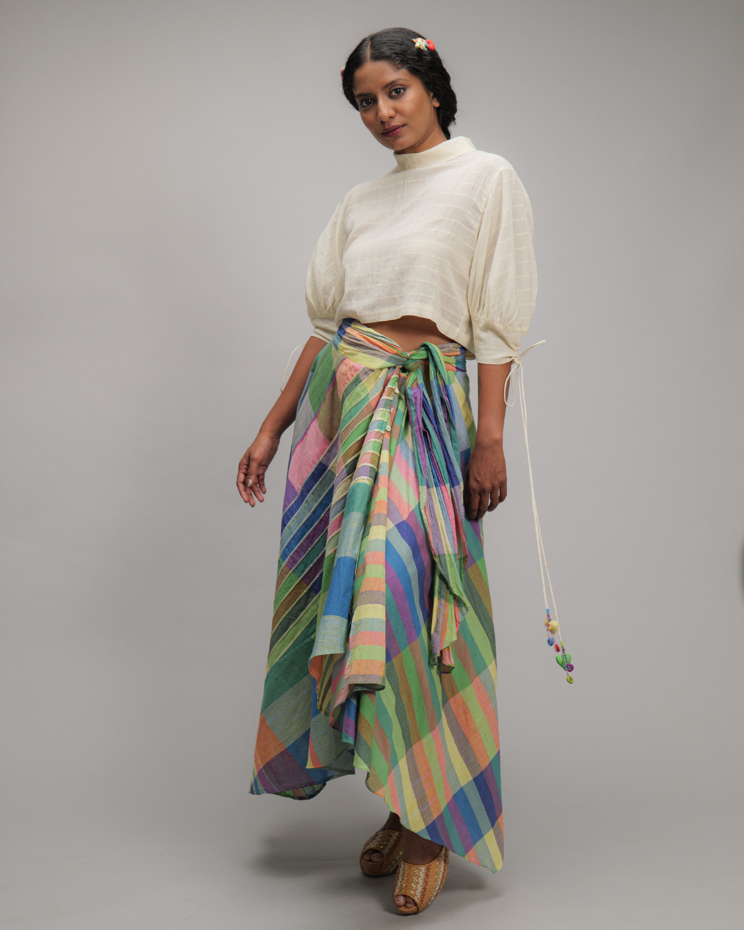 CLARINDA Multicolor Checks Asymmetric Wrap Skirt