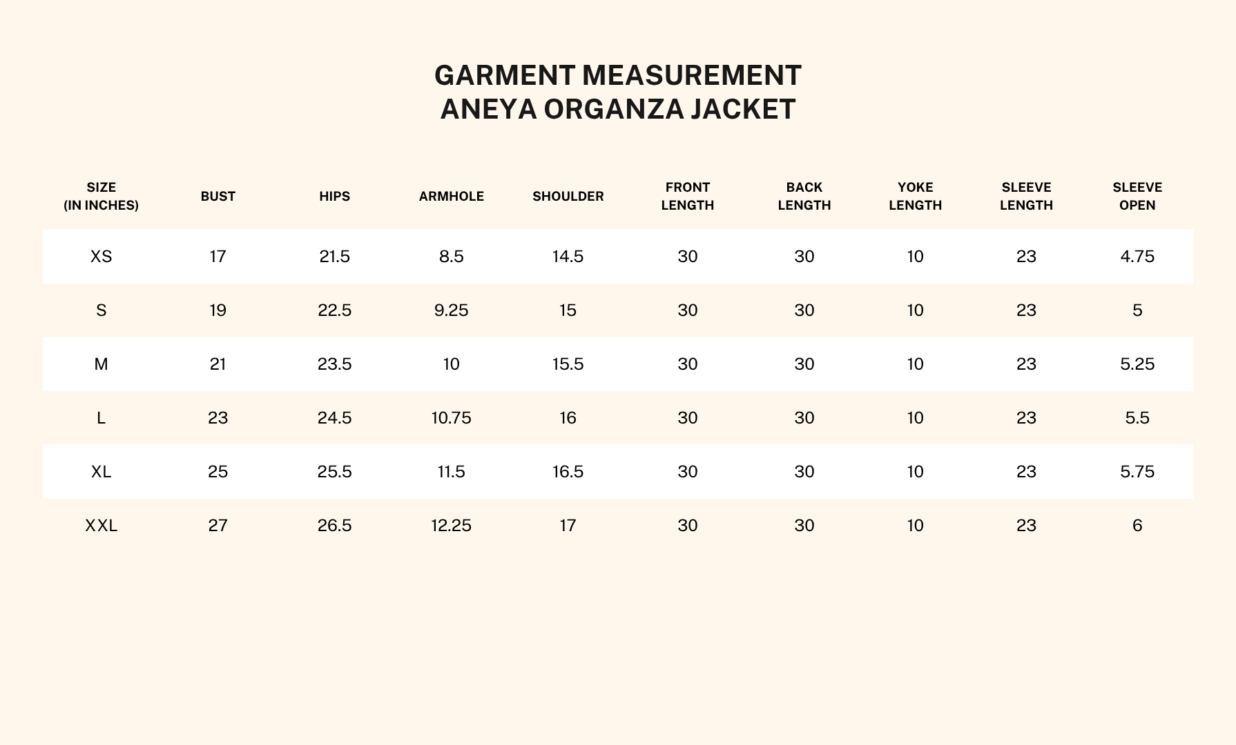 Garment measurements for Aneya Yellow Organza Jacket