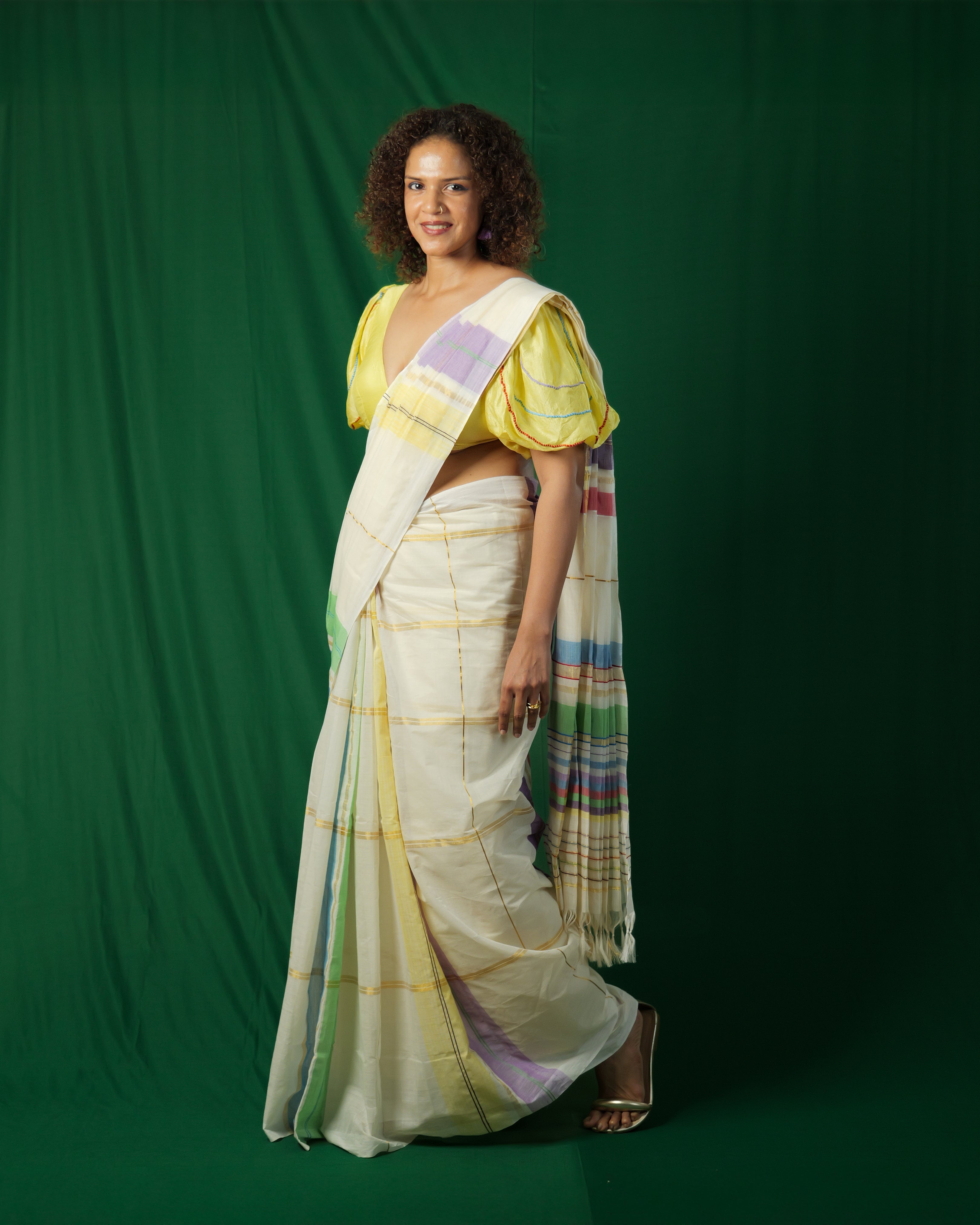 Chakki Color Block Striped Kasavu Saree