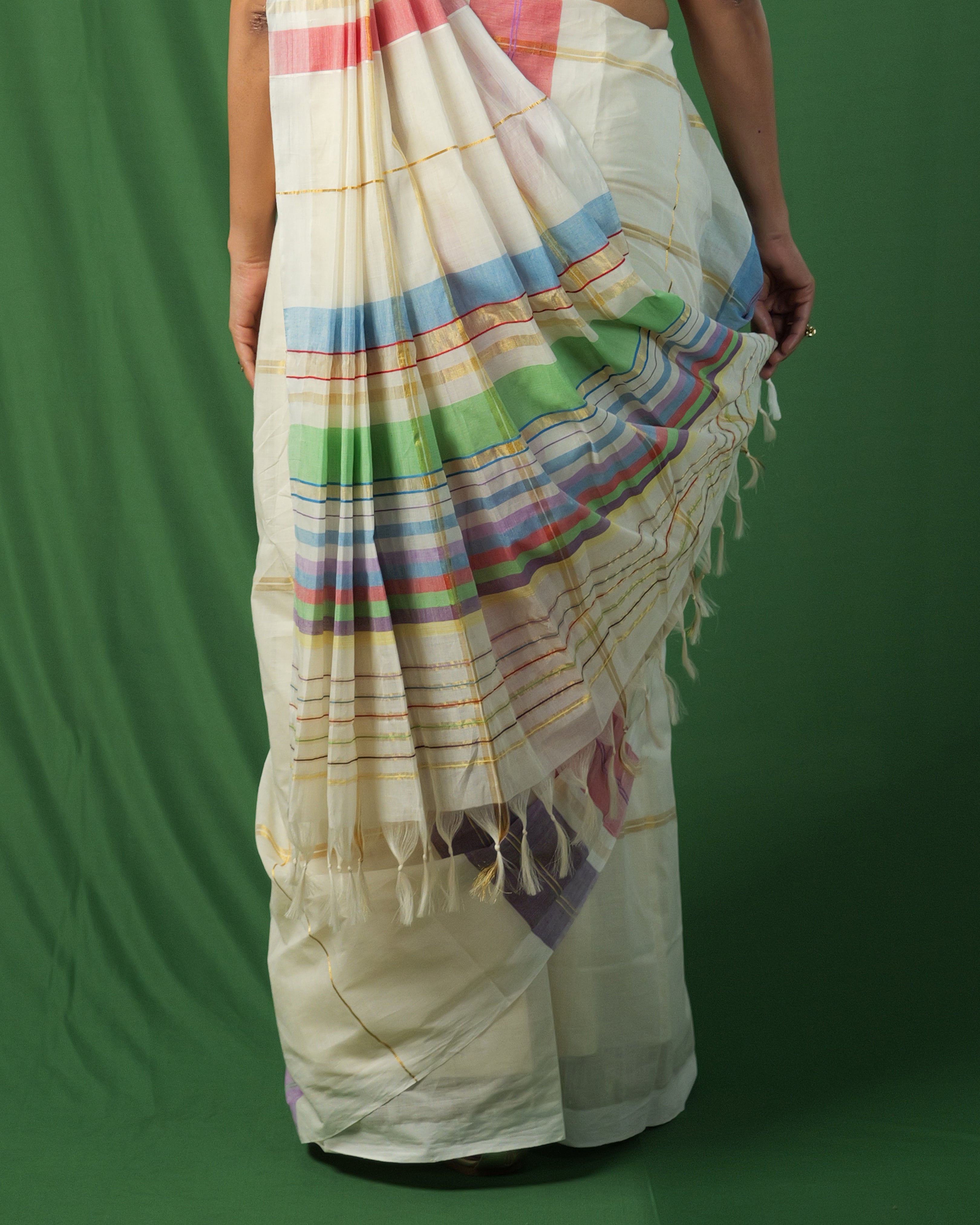 Chakki Color Block Striped Kasavu Saree