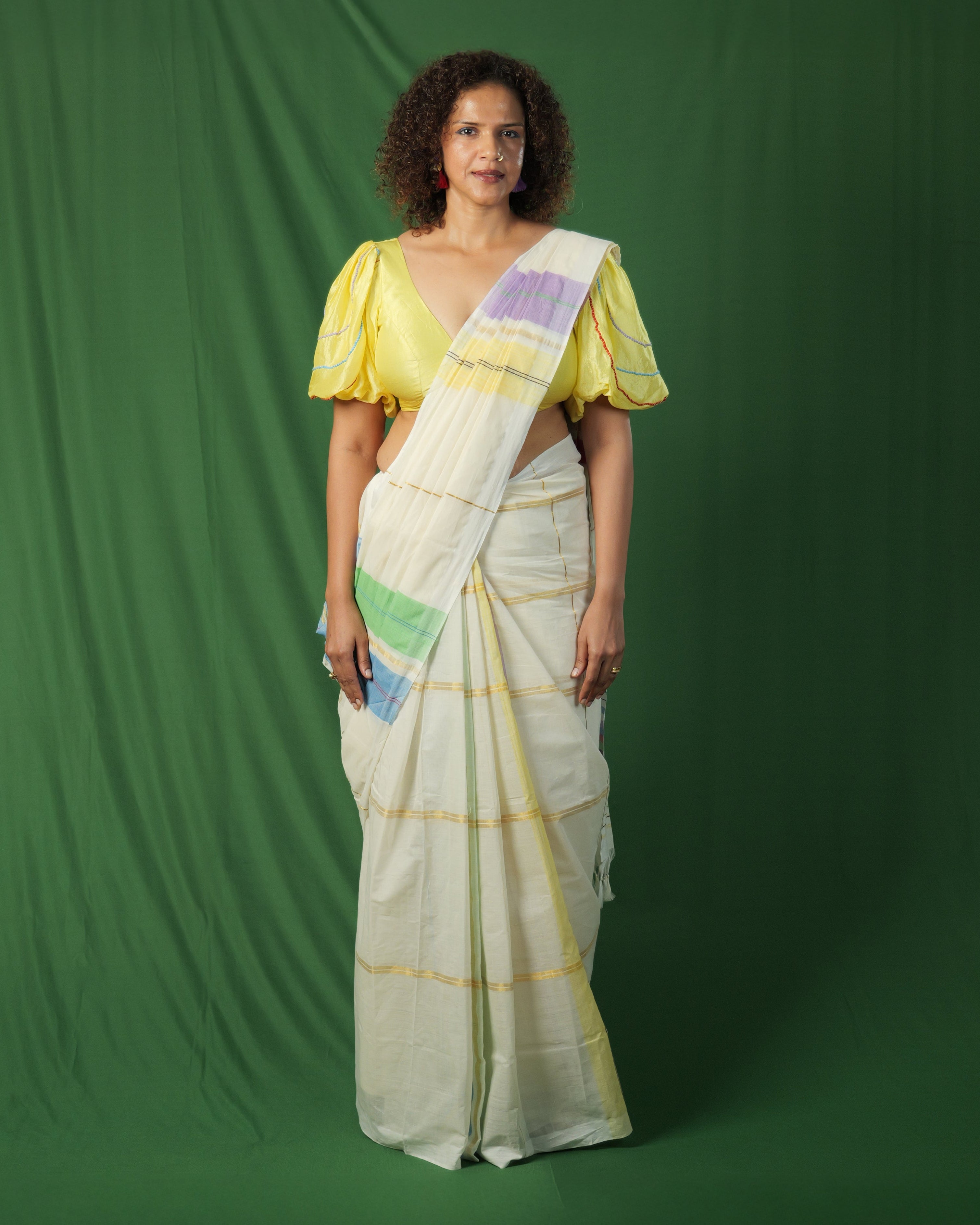 Chakki Color Block Striped Kasavu Saree