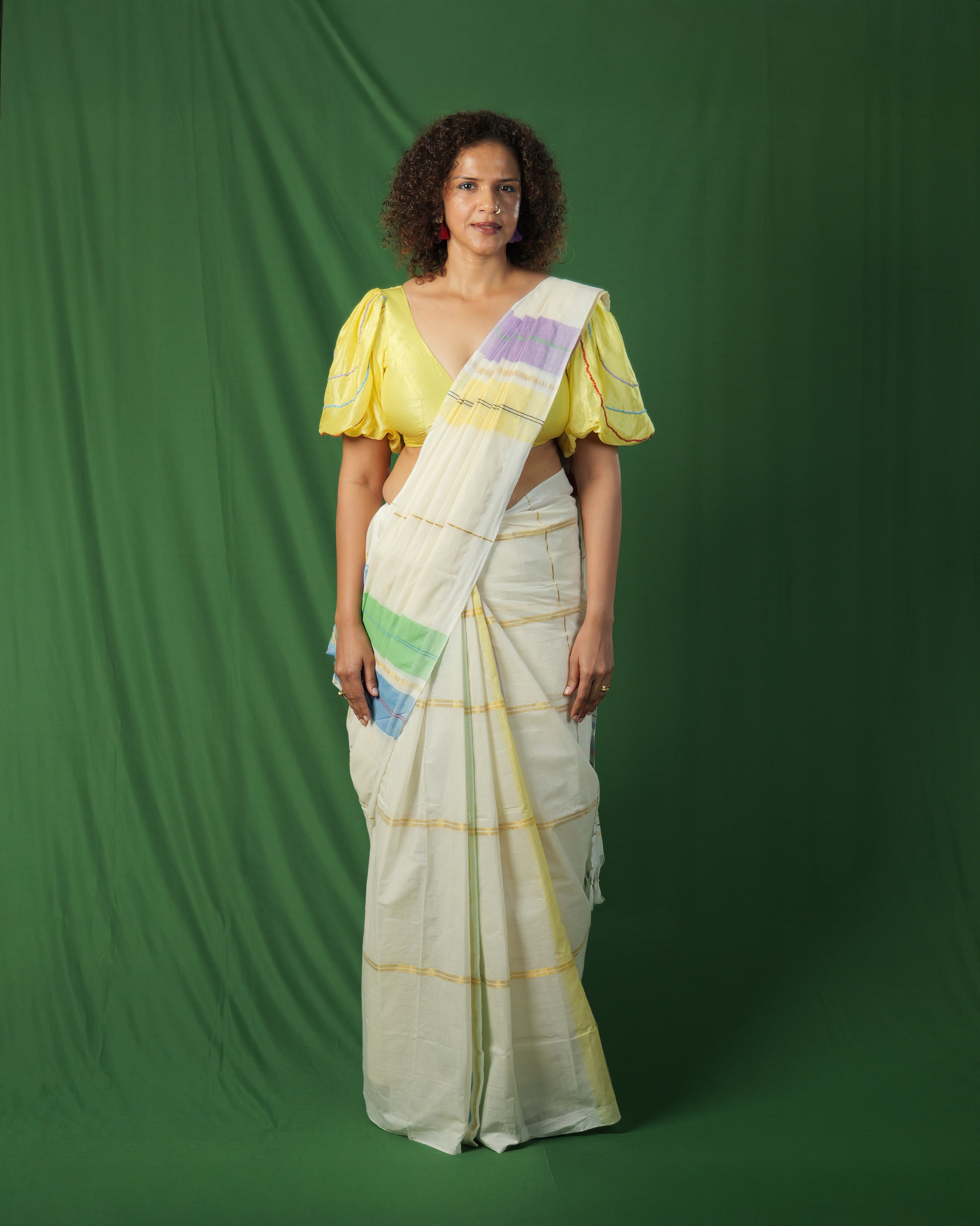 Chakki Color Block Striped Kasavu Saree