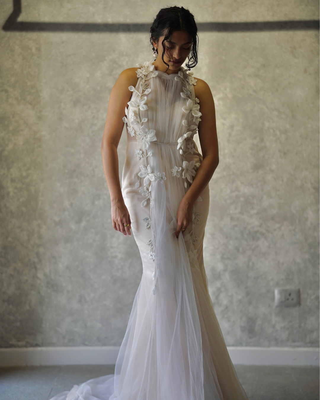 Petal Embroidered Tulle Gown