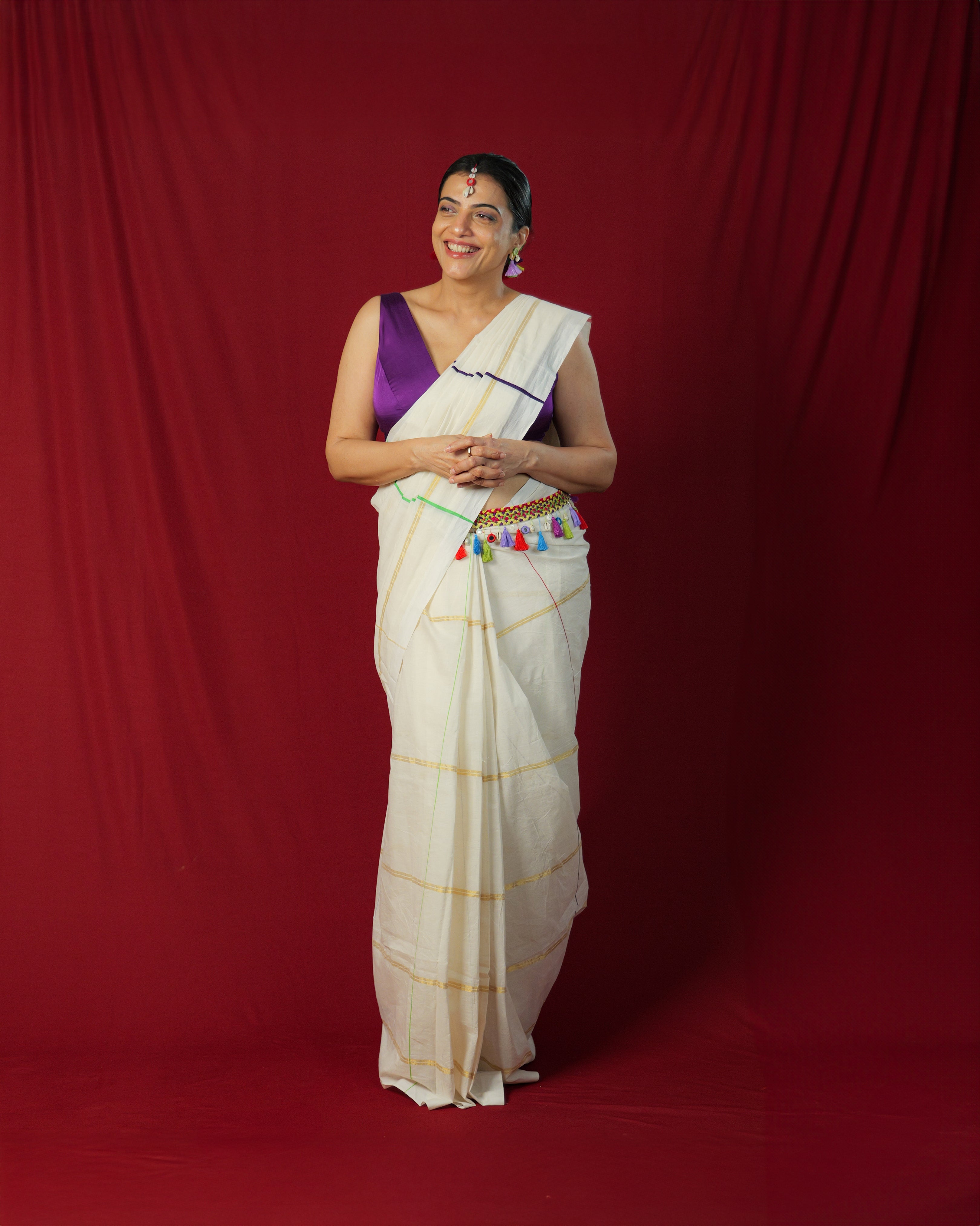 Parvatikutty Illusion Checks Off-white Kasavu Saree