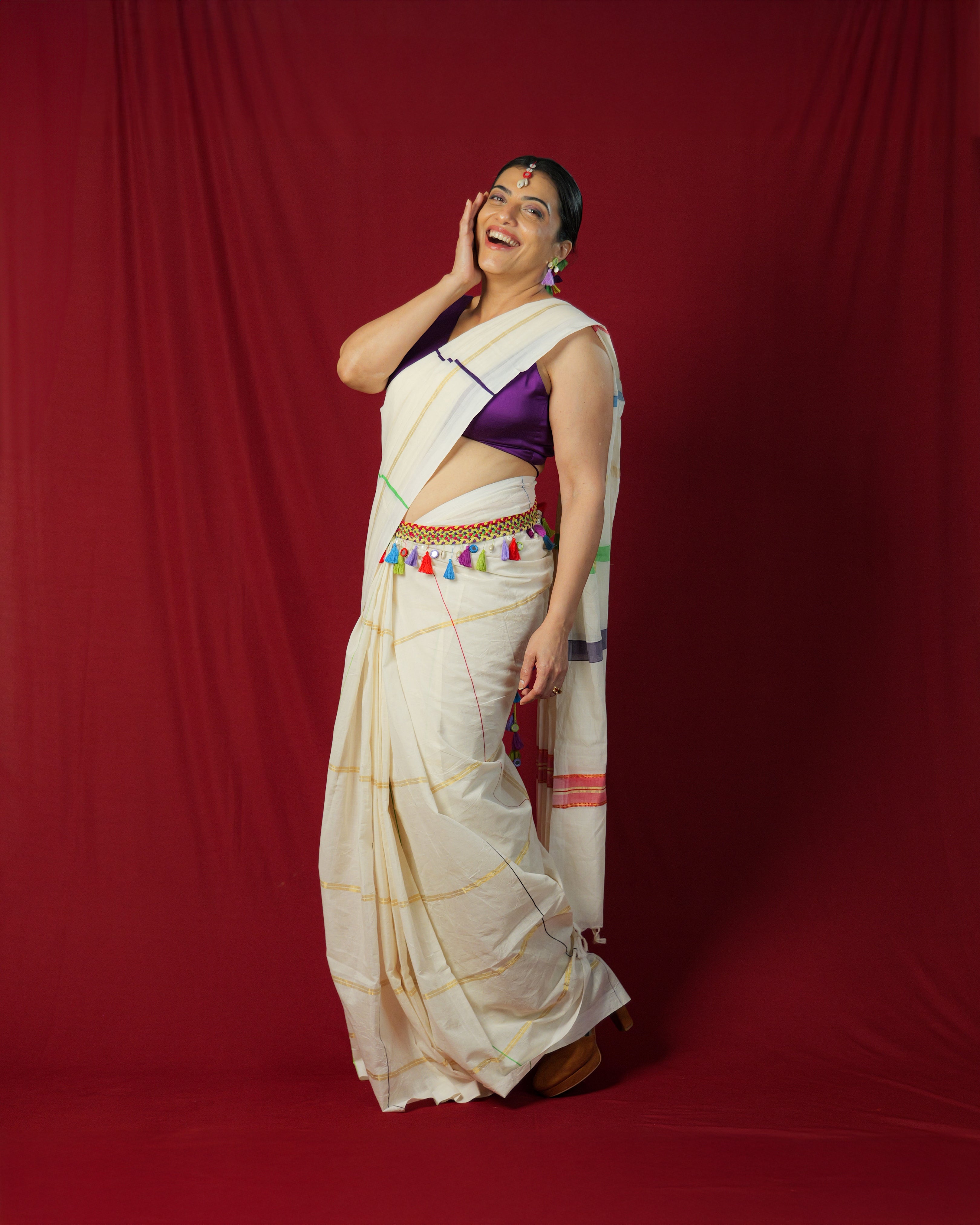 Parvatikutty Illusion Checks Off-white Kasavu Saree