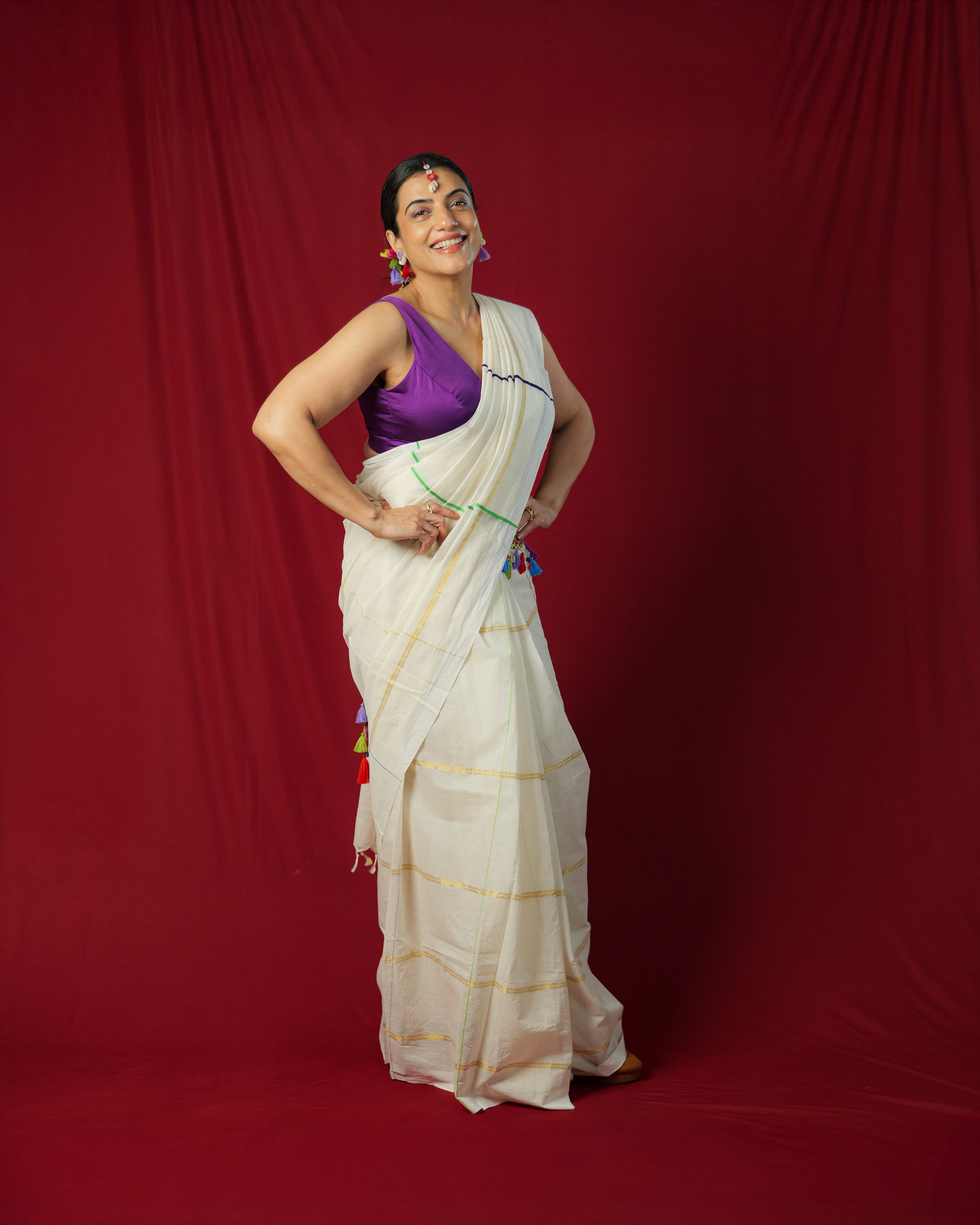 Parvatikutty Illusion Checks Off-white Kasavu Saree