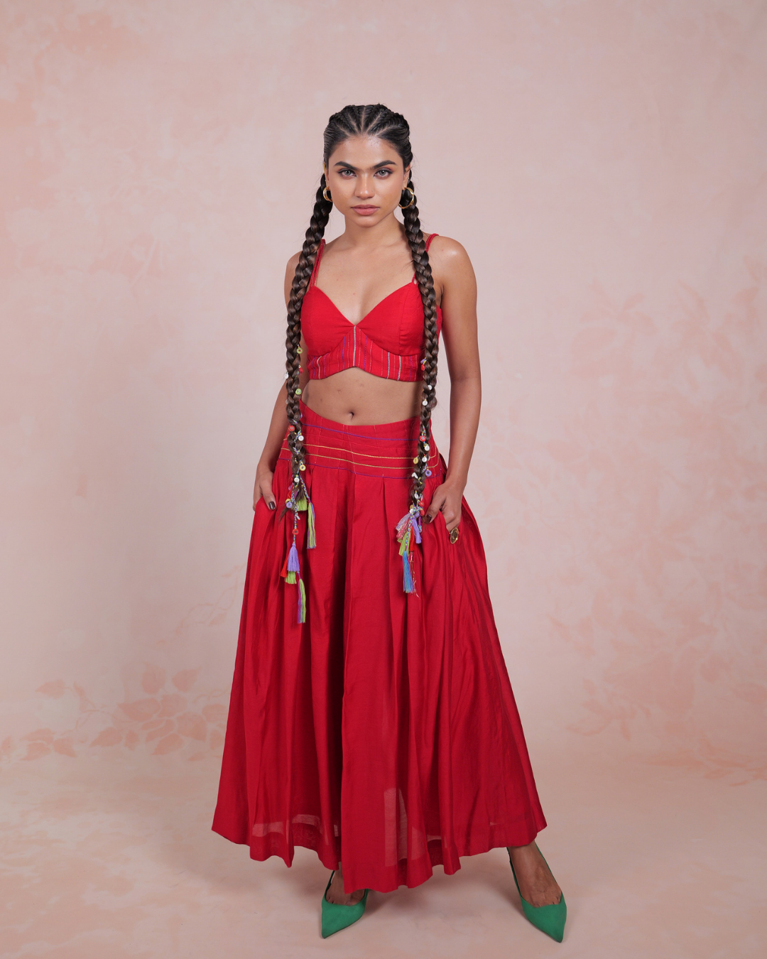 Manjari Red Box Pleated Trousers