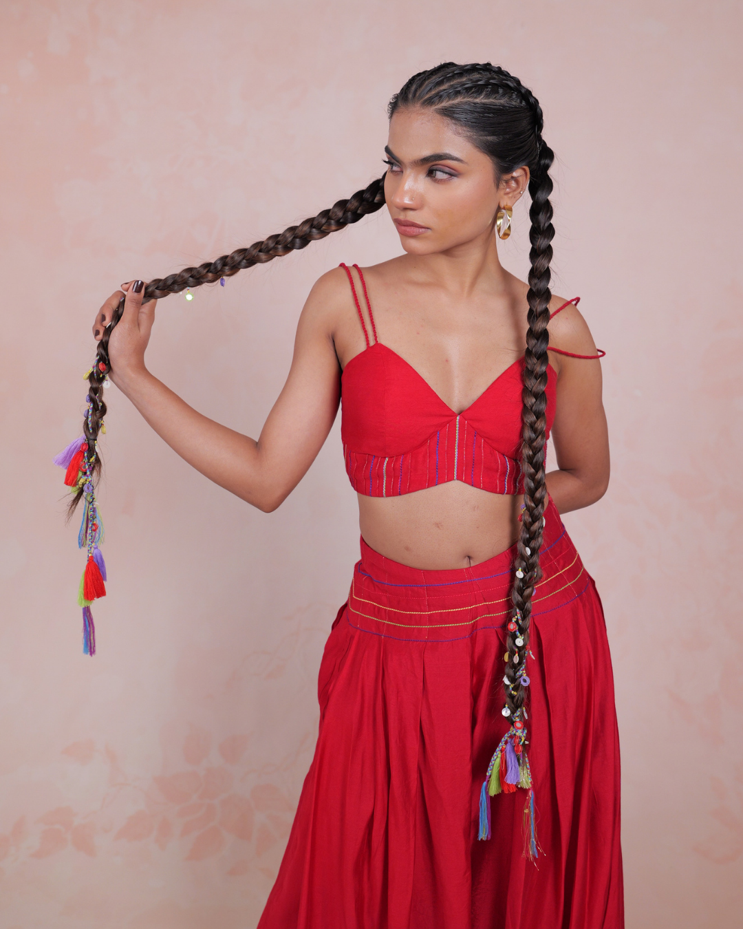Manjari Red Crop Top and Pleated Trousers