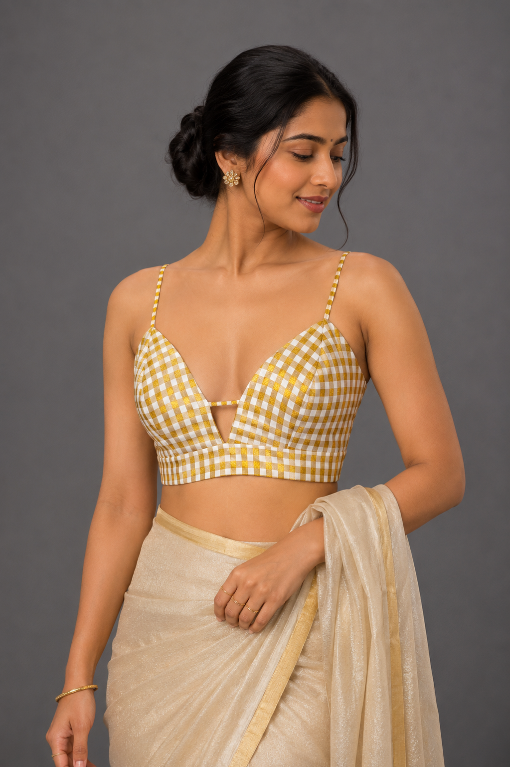 Checkered cotton silk blouse