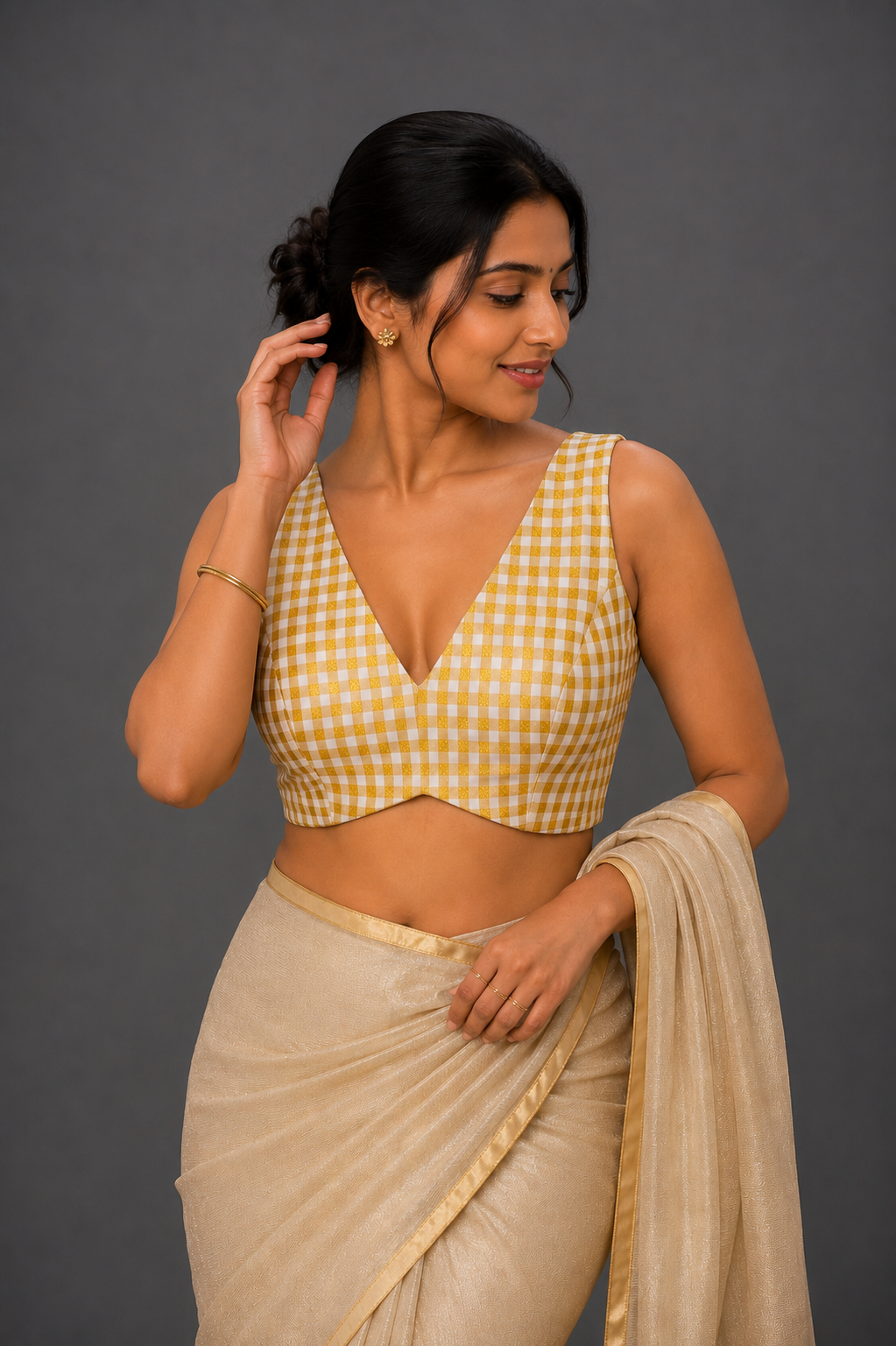 Checkered cotton silk blouse