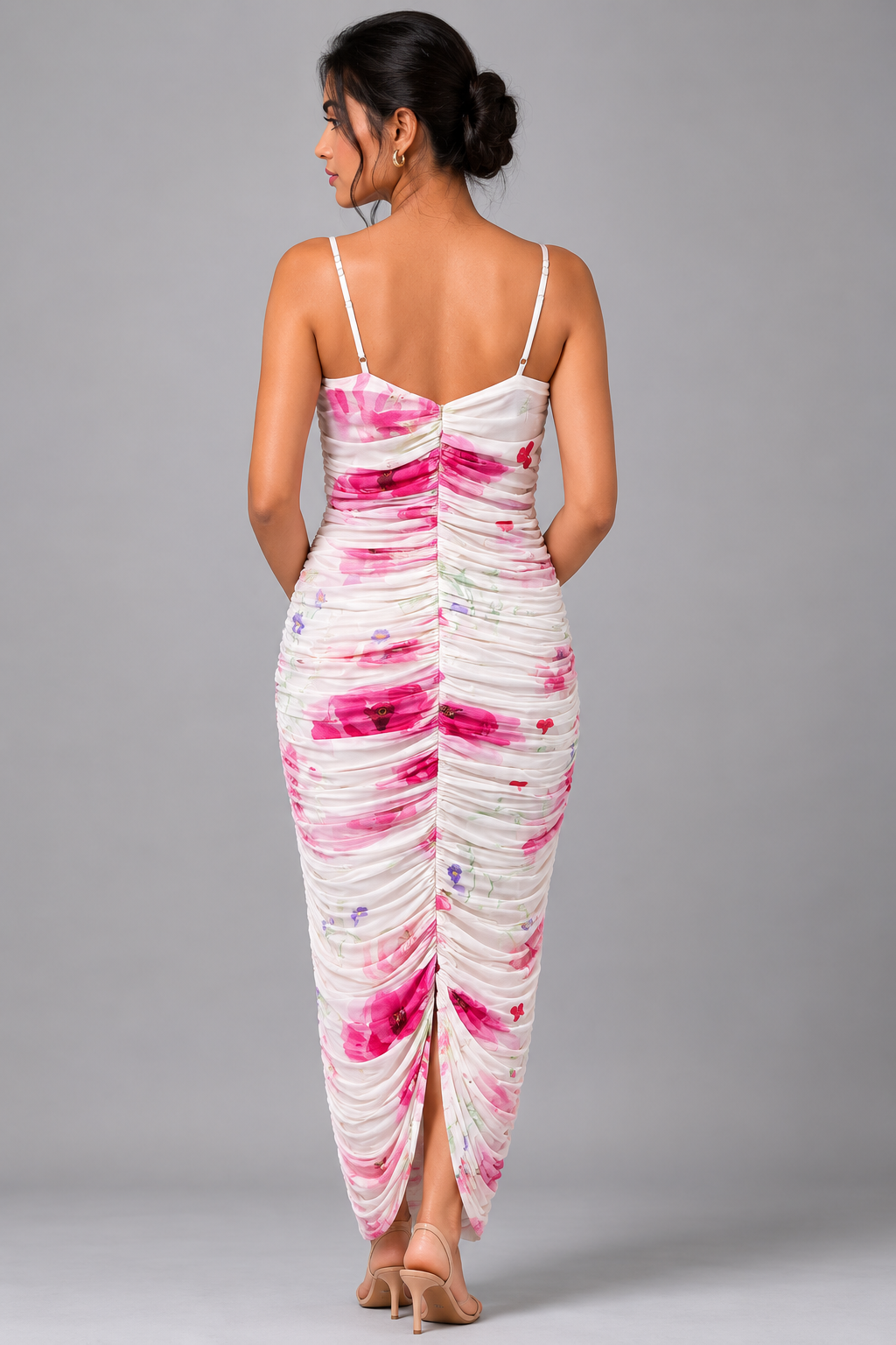 Ruched floral midi dress