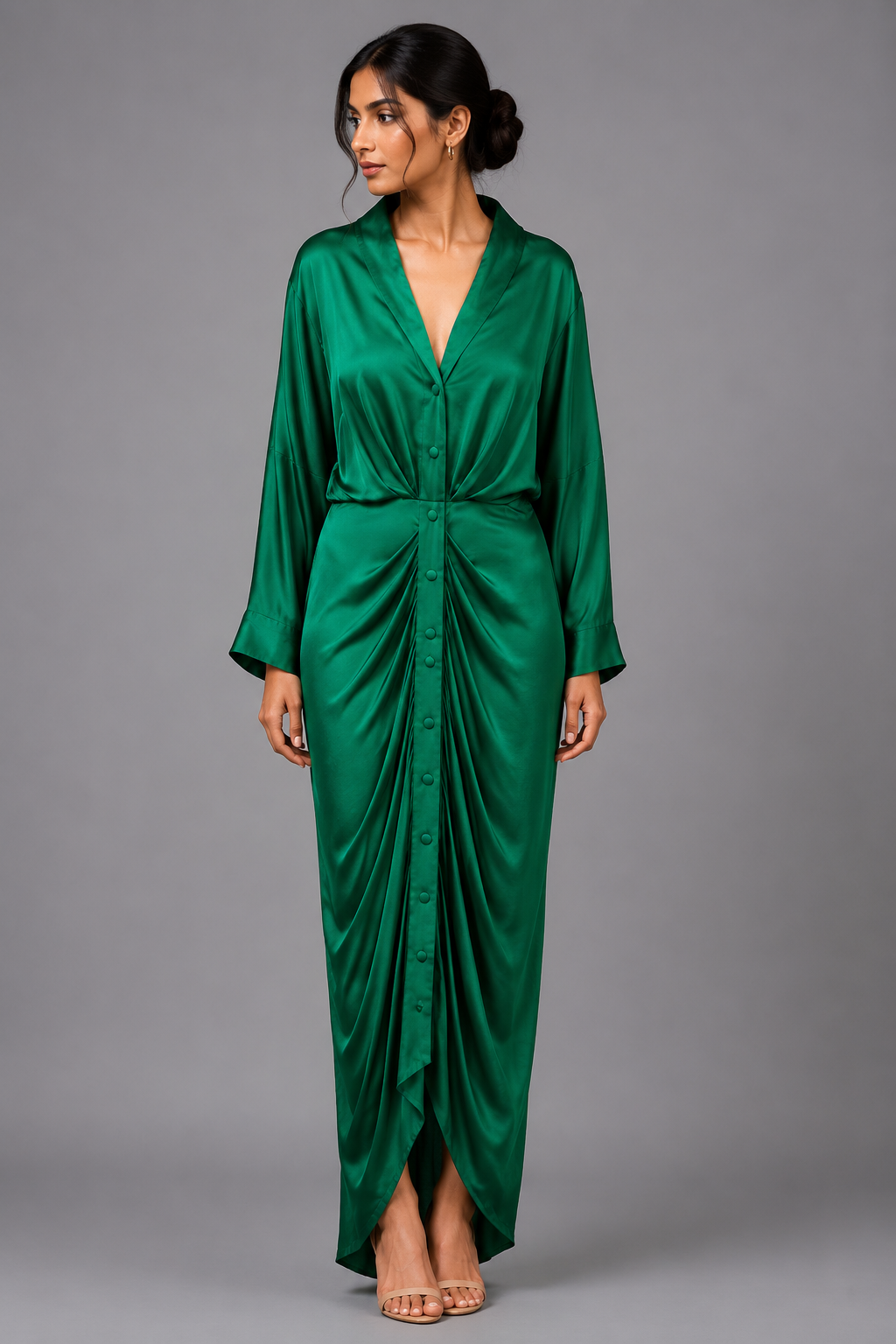 Emerald green modal satin shirt dress
