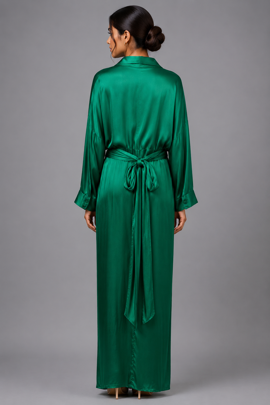 Emerald green modal satin shirt dress