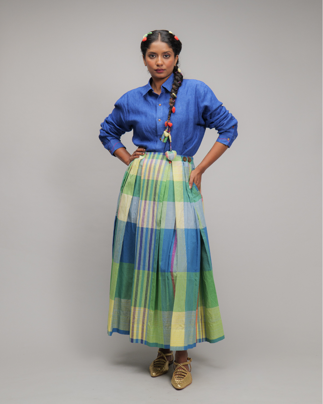 Agnella Check Pleated Maxi Skirt