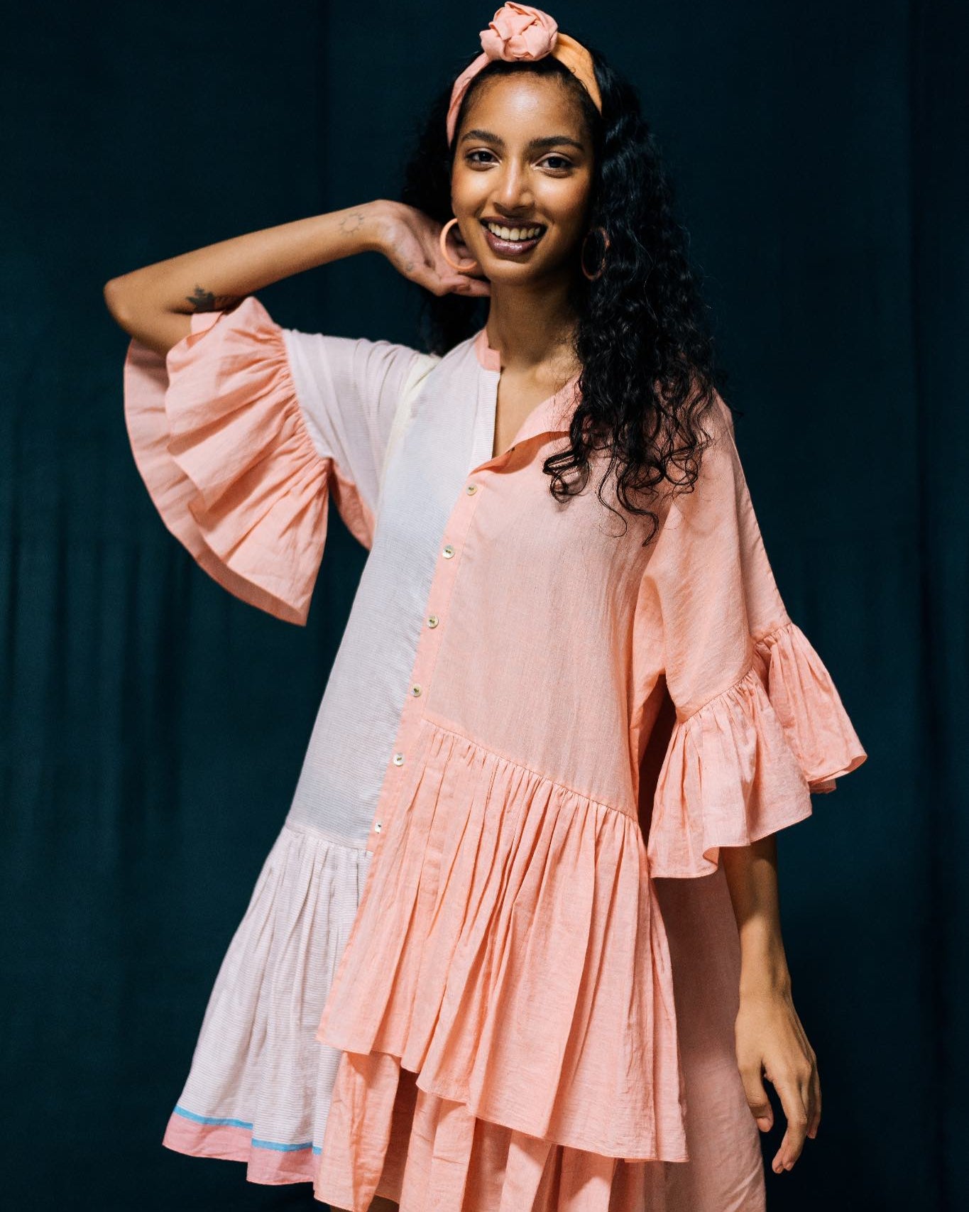 Mini - Peach & White Frilled Dress