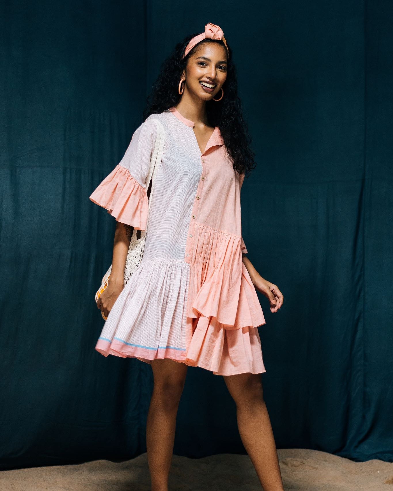 Mini - Peach & White Frilled Dress