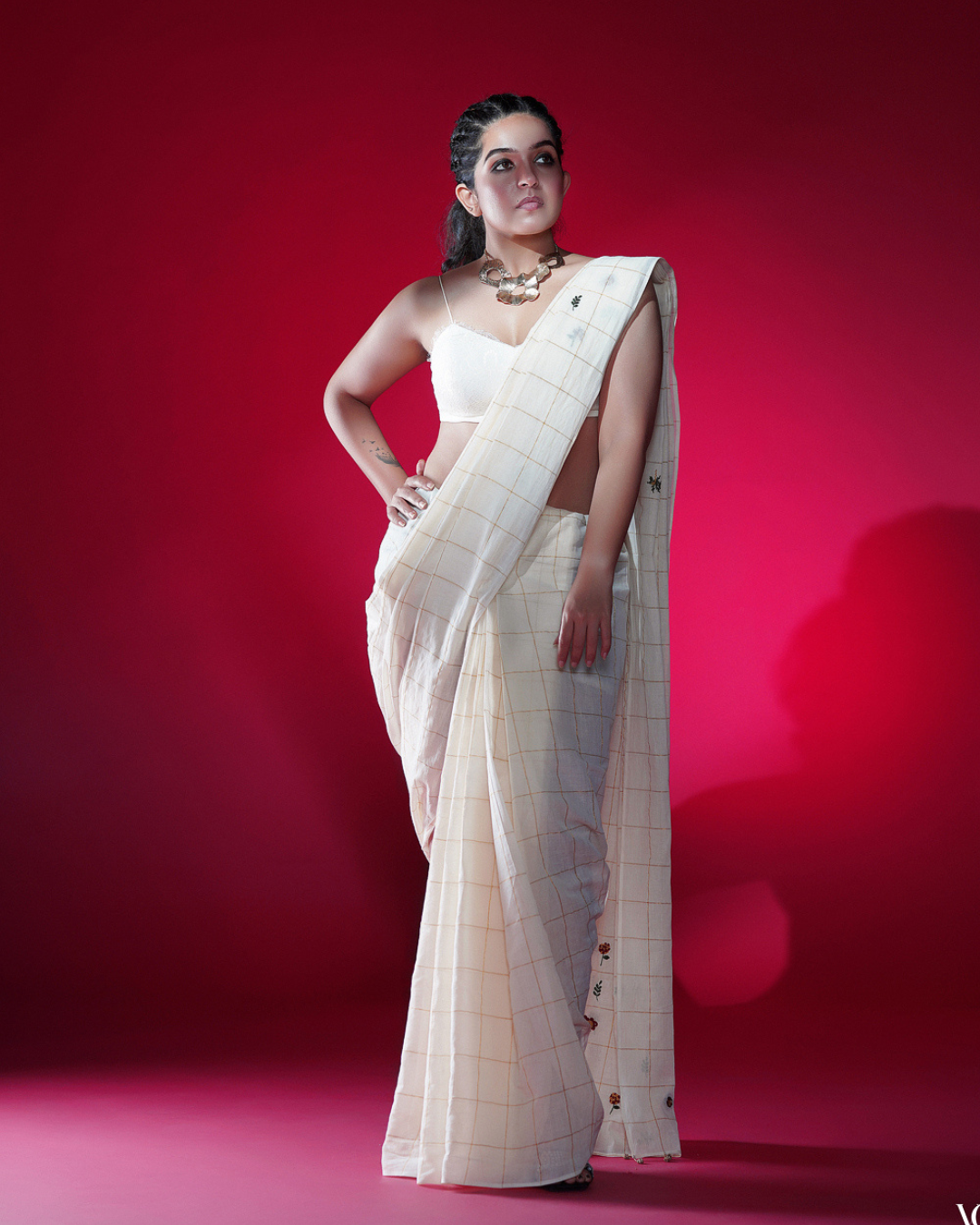 Sundari | Off-white Saree With Golden Checks and Hand Embroidery