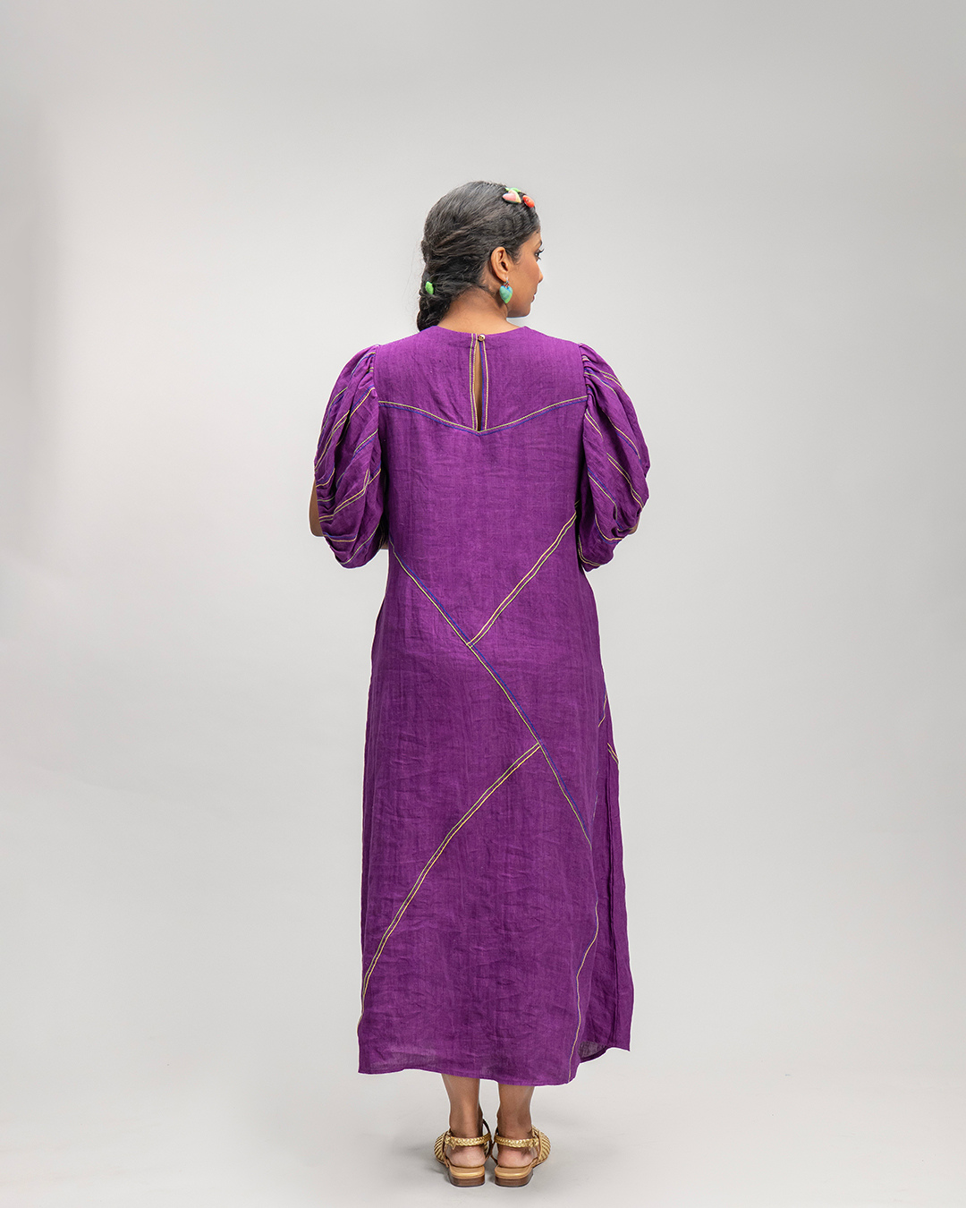 Magdalena Purple Linen Puff Sleeve Dress
