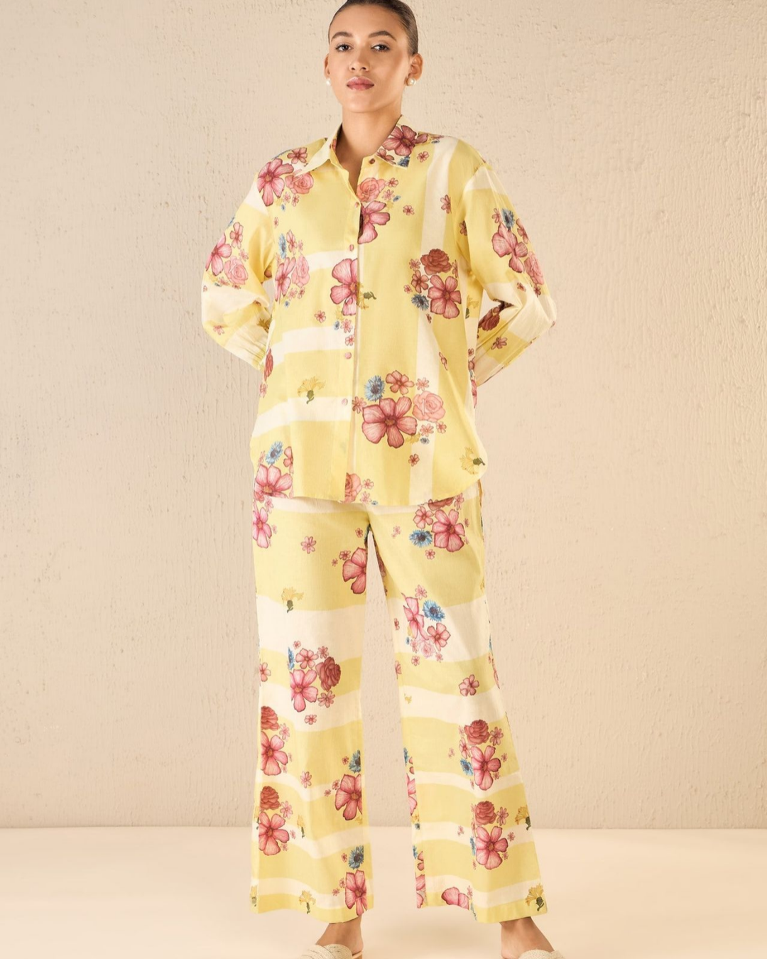 Floral fusion: yellow & white stripe floral shirt co-ord set