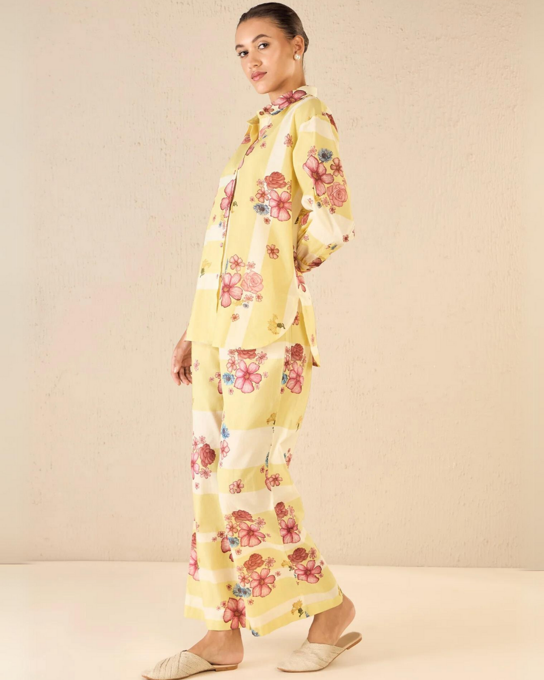 Floral fusion: yellow & white stripe floral shirt co-ord set