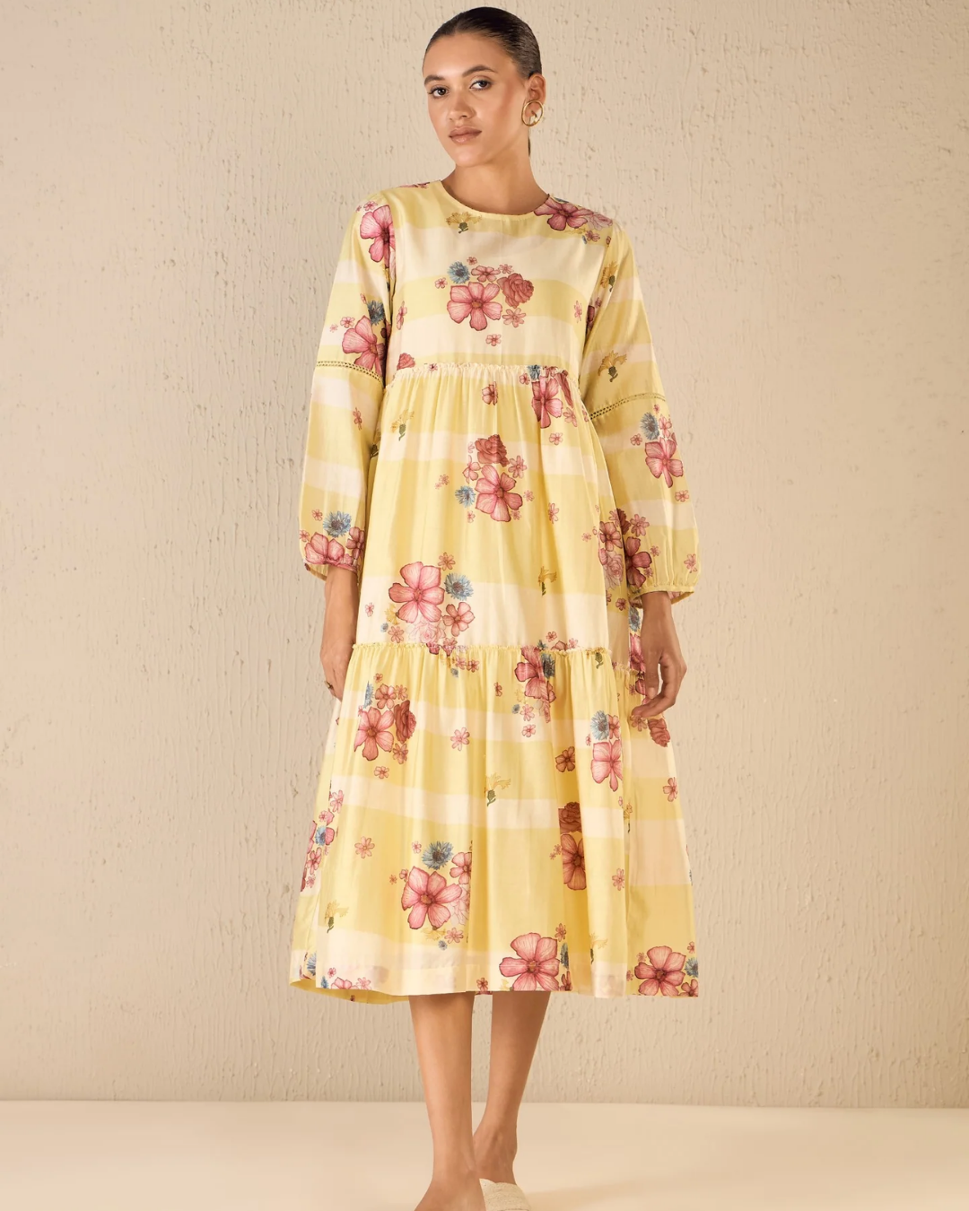 Floral fusion: yellow & white stripe floral tier dress