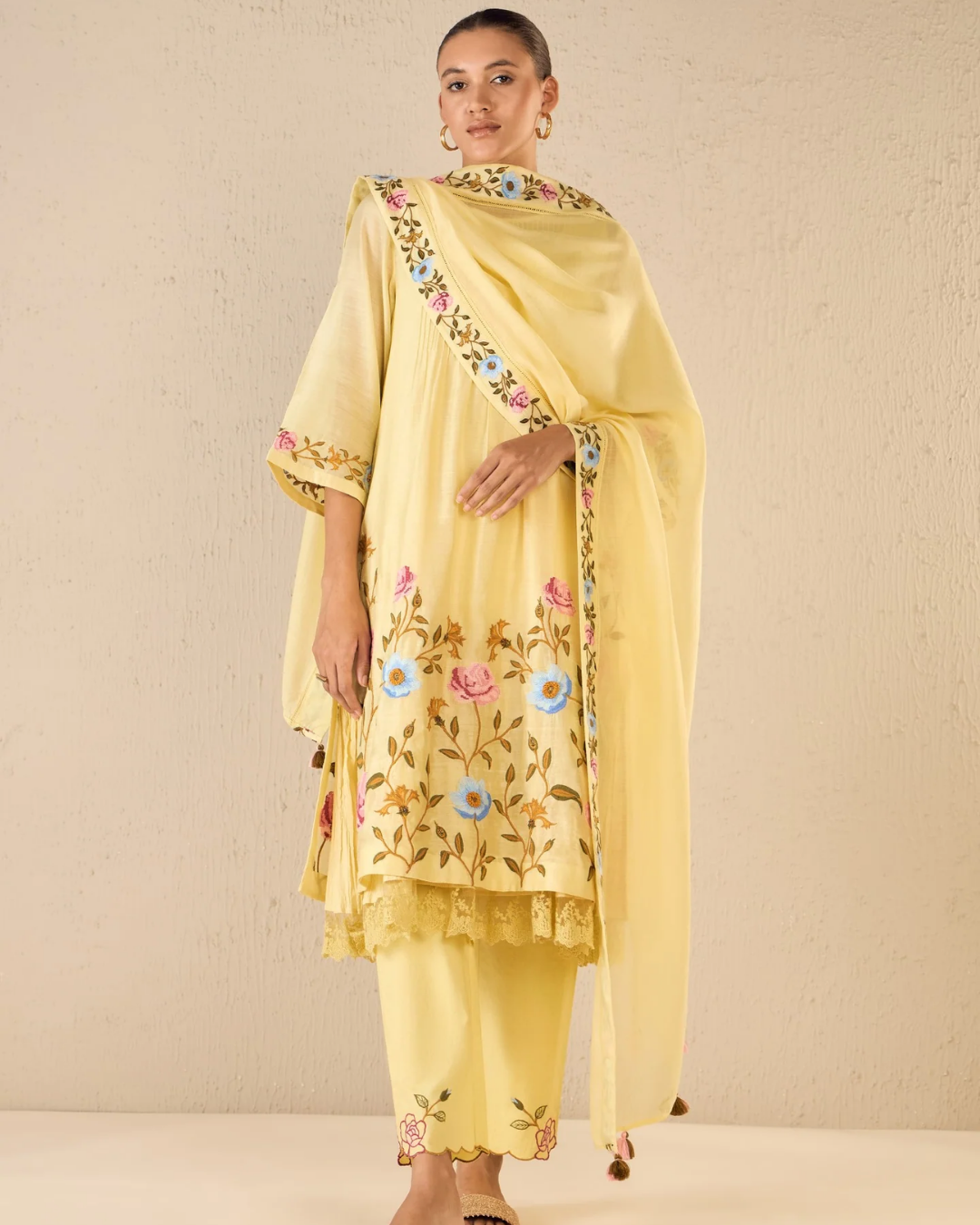 Gardenia charm: yellow floral embriodery jaal kurta set