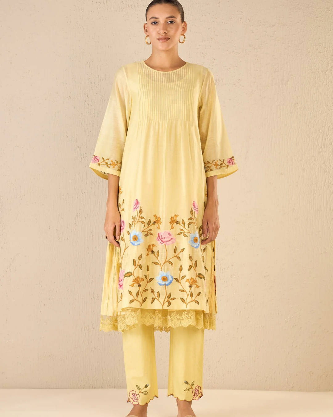 Gardenia charm: yellow floral embriodery jaal kurta set