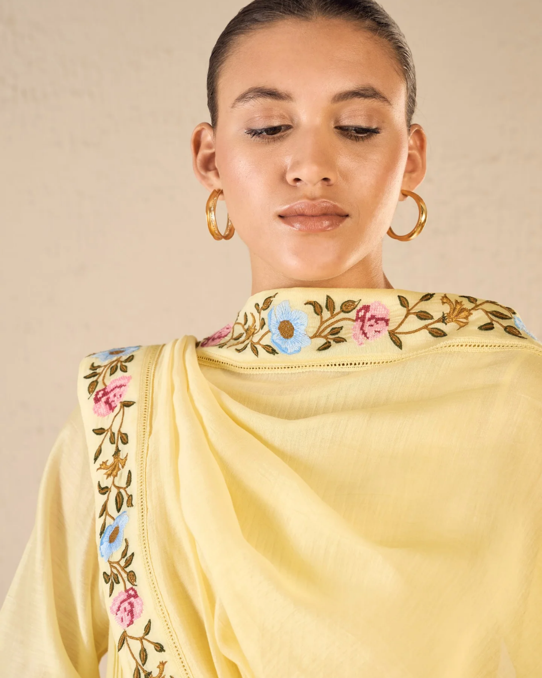 Gardenia charm: yellow floral embriodery jaal kurta set