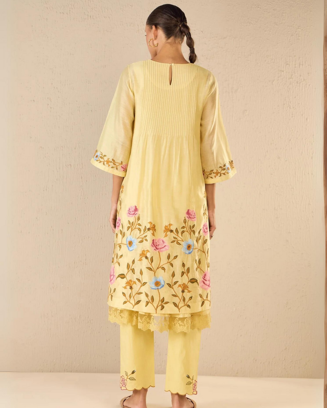 Gardenia charm: yellow floral embriodery jaal kurta set