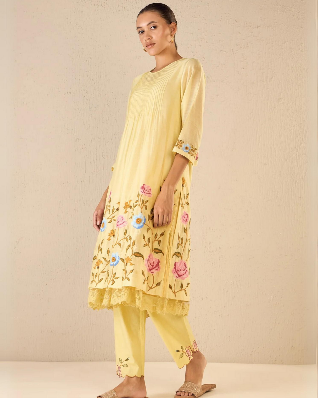 Gardenia charm: yellow floral embriodery jaal kurta set