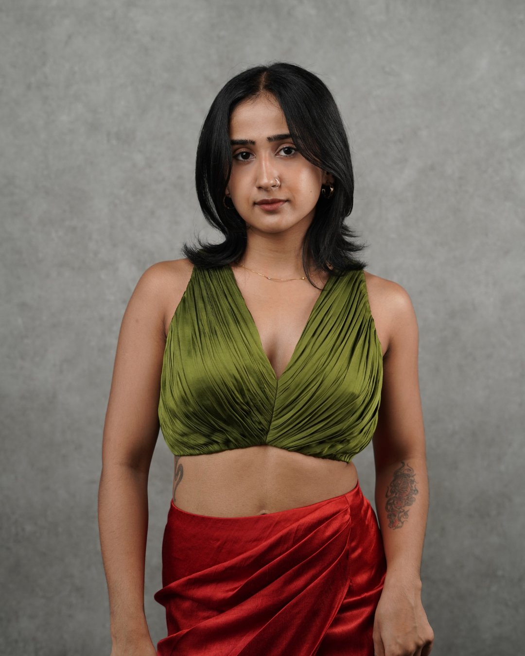 Olive Green Pleated Sari Blouse