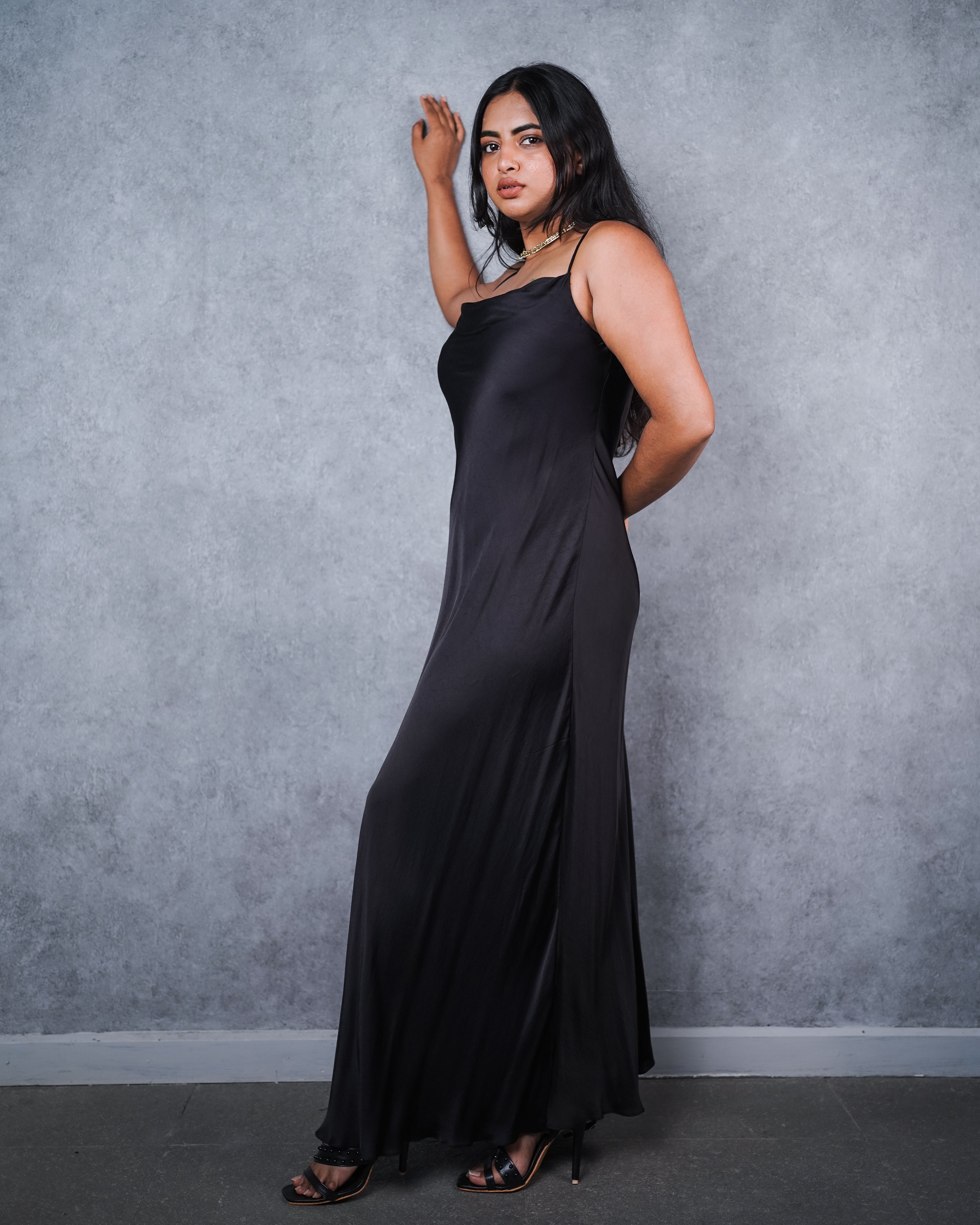 Black cowl neck slip dress