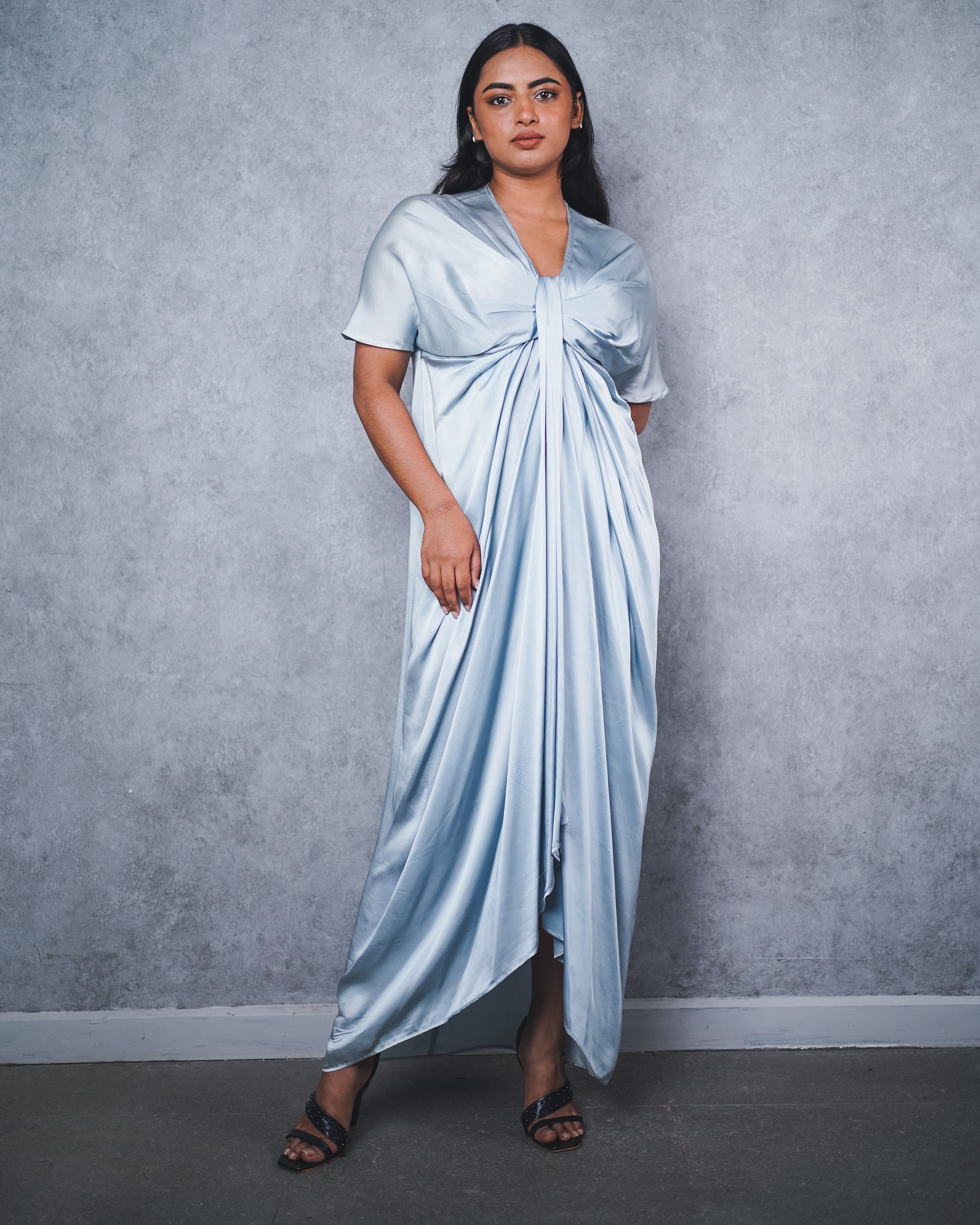 Powder blue front draped dress