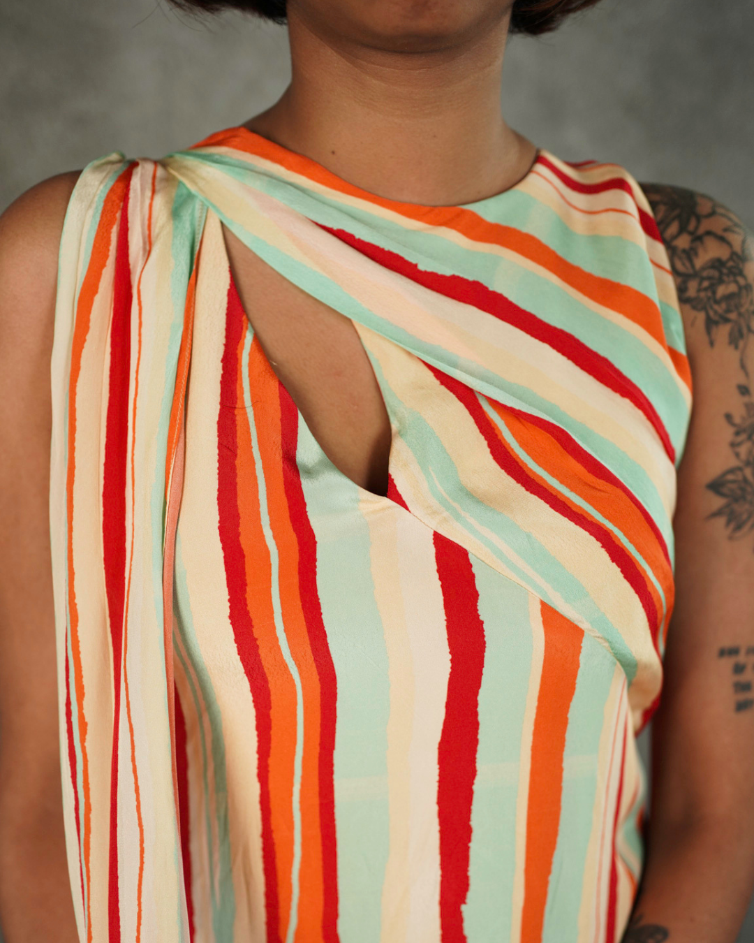 Multicolor Striped Cutout Drape Dress