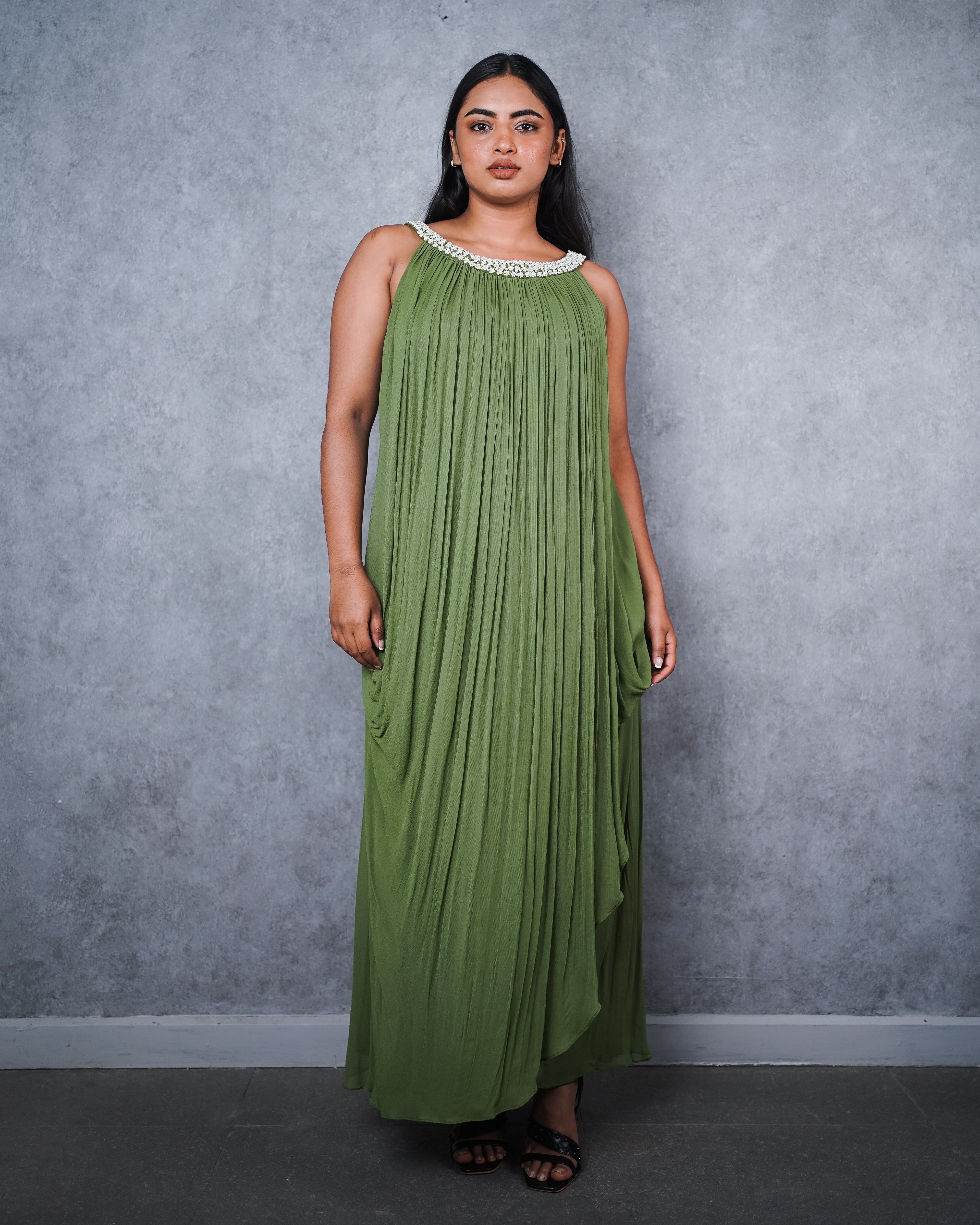 Pearly green draped dress