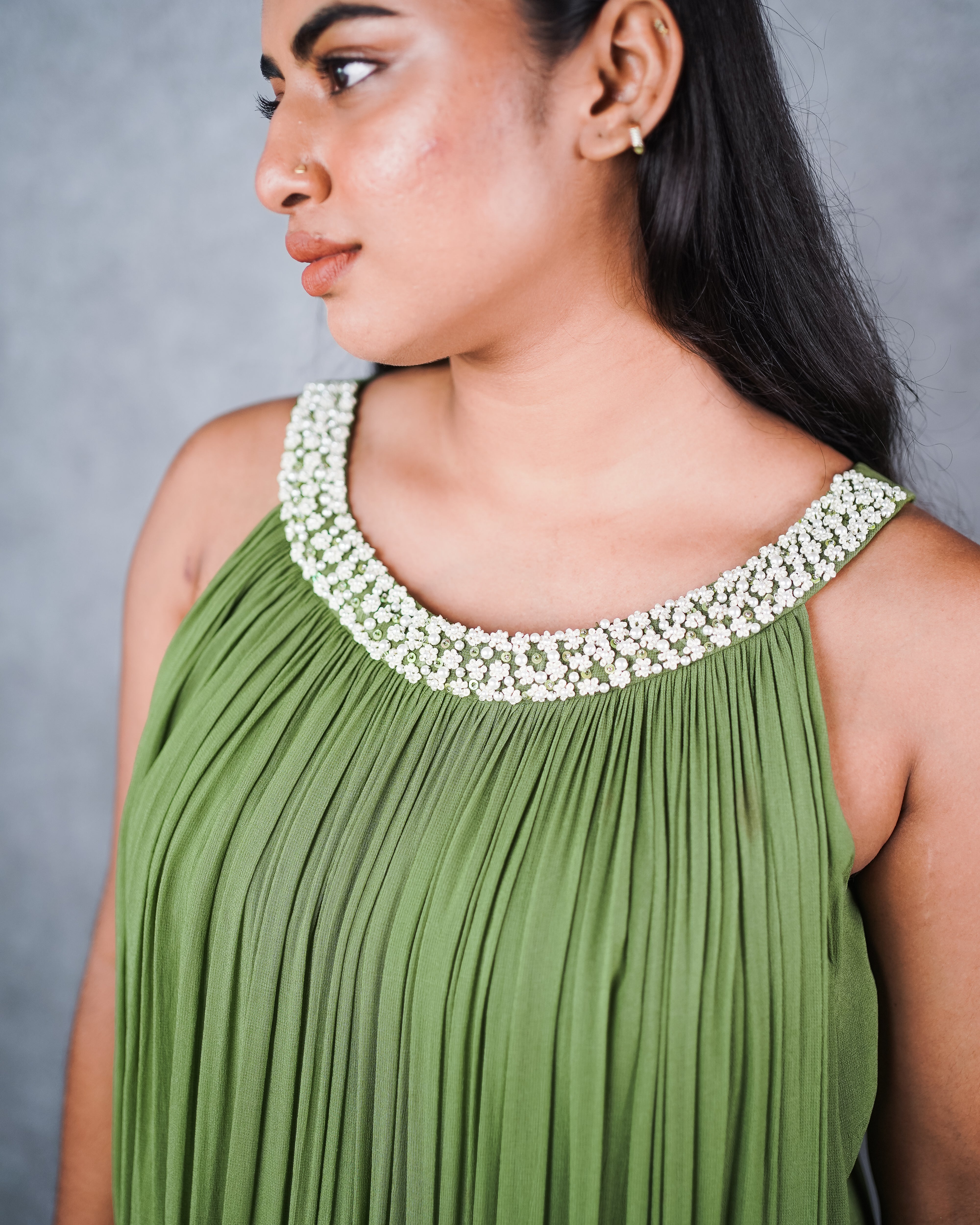 Pearly green draped dress