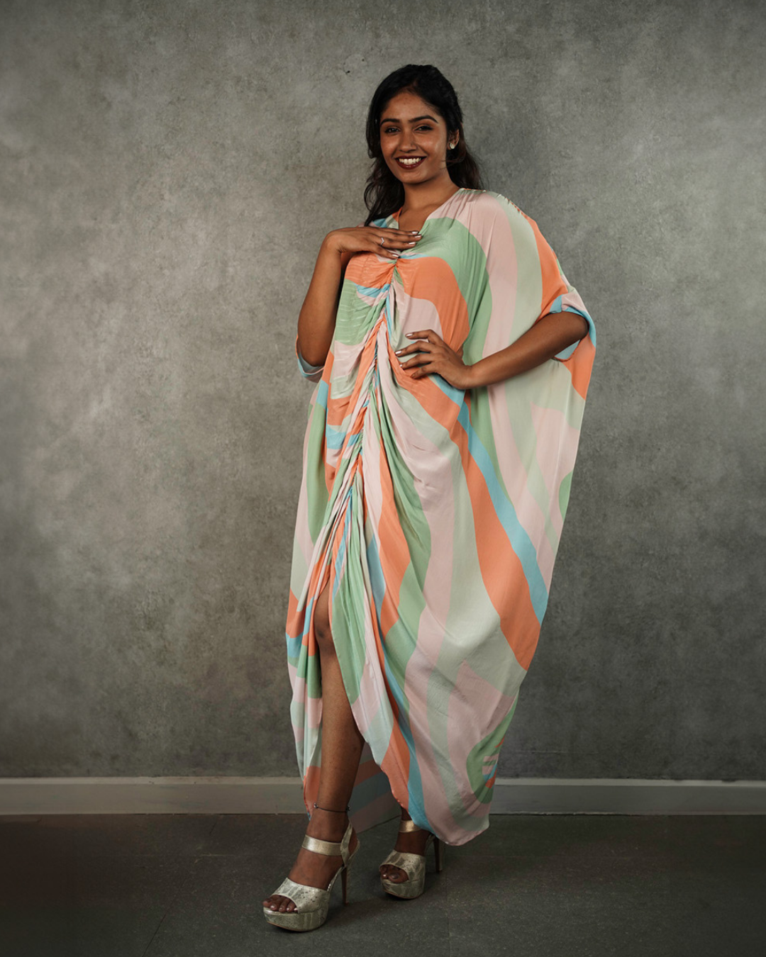 Pastel Striped Ruched Kaftan