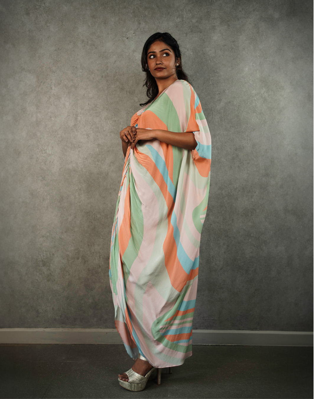 Pastel Striped Ruched Kaftan