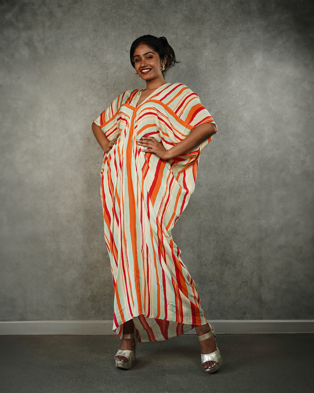 Multicolor Striped V-neck Kaftan