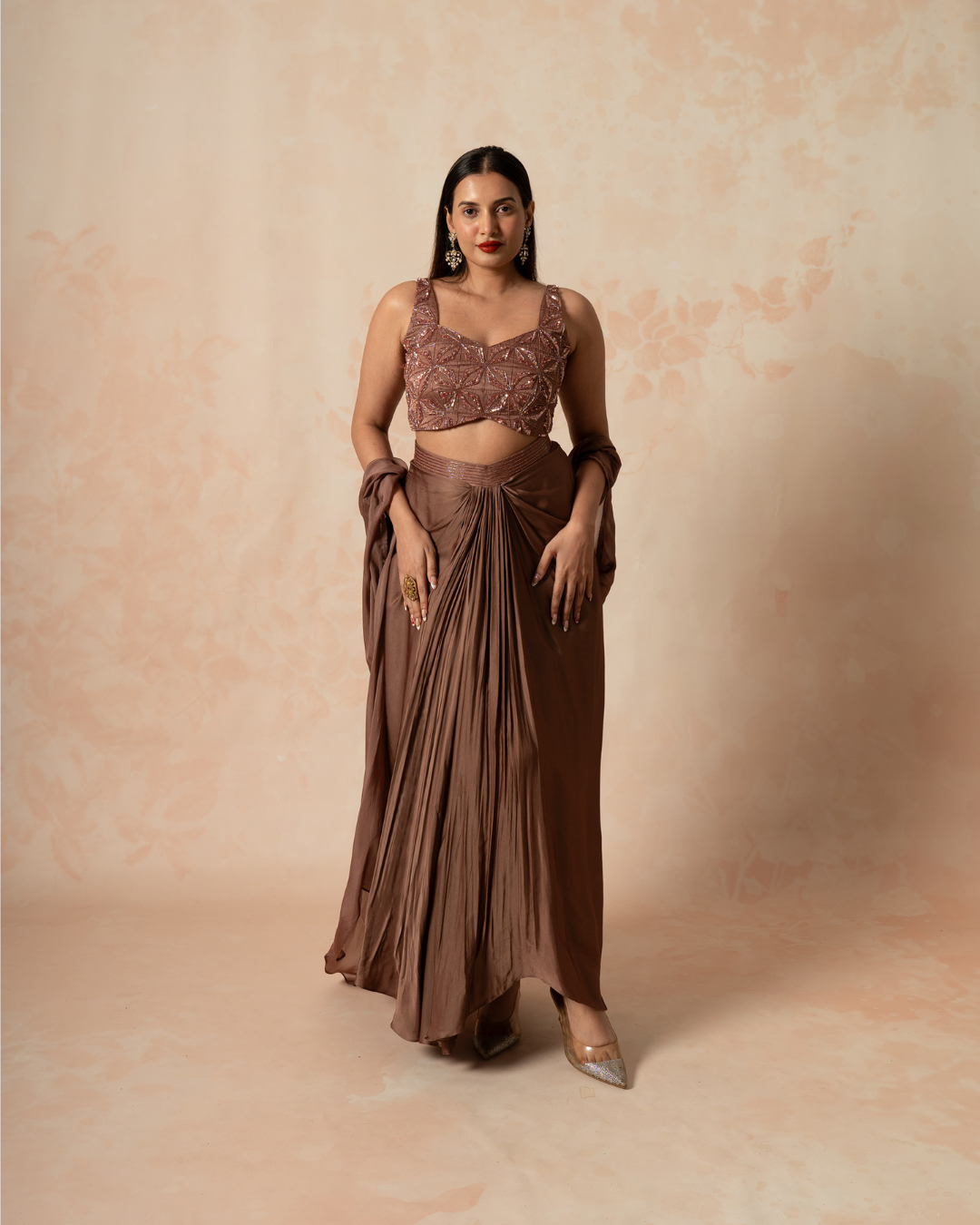 Rahi | Mocha Mousse Modal  Satin Embroidered Blouse