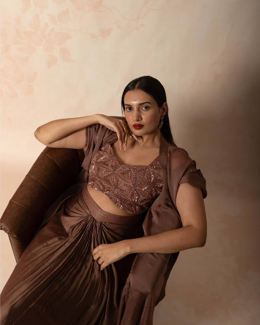 Rahi | Mocha Mousse Modal  Satin Embroidered Blouse